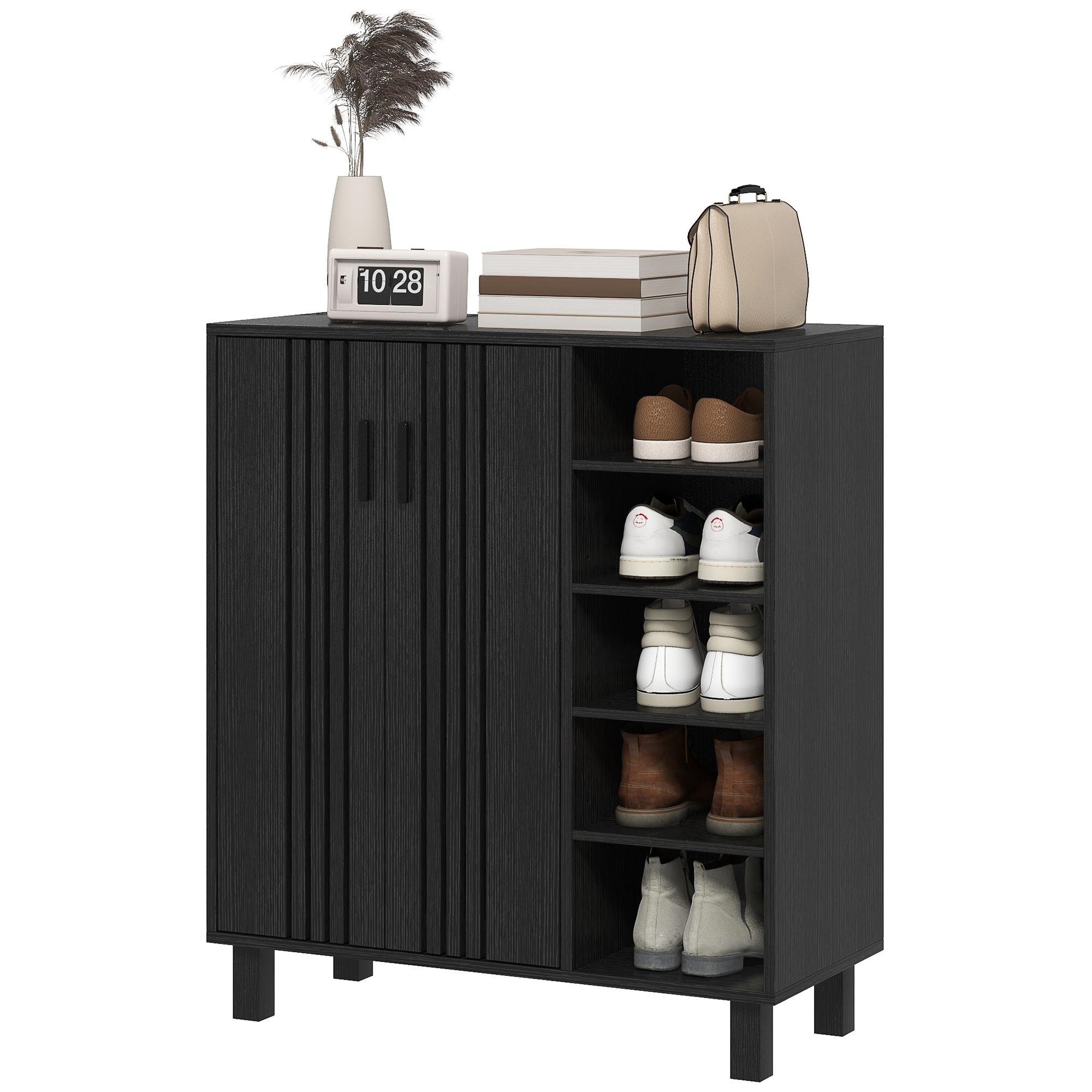 Black 17 Pair Shoe Cabinet with Closed and Open Storage
