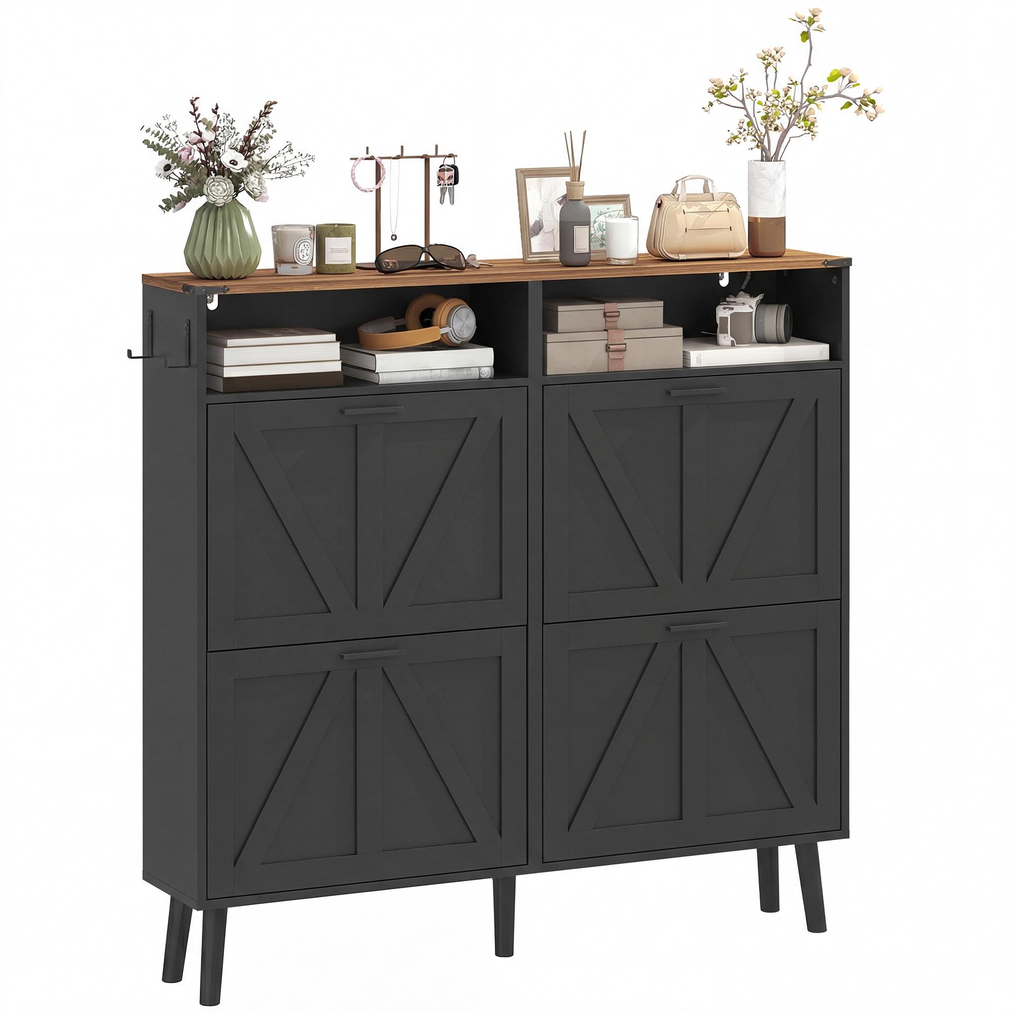Black 24 Pair Shoe Organizer, Slim Farmhouse Entryway Cabinet