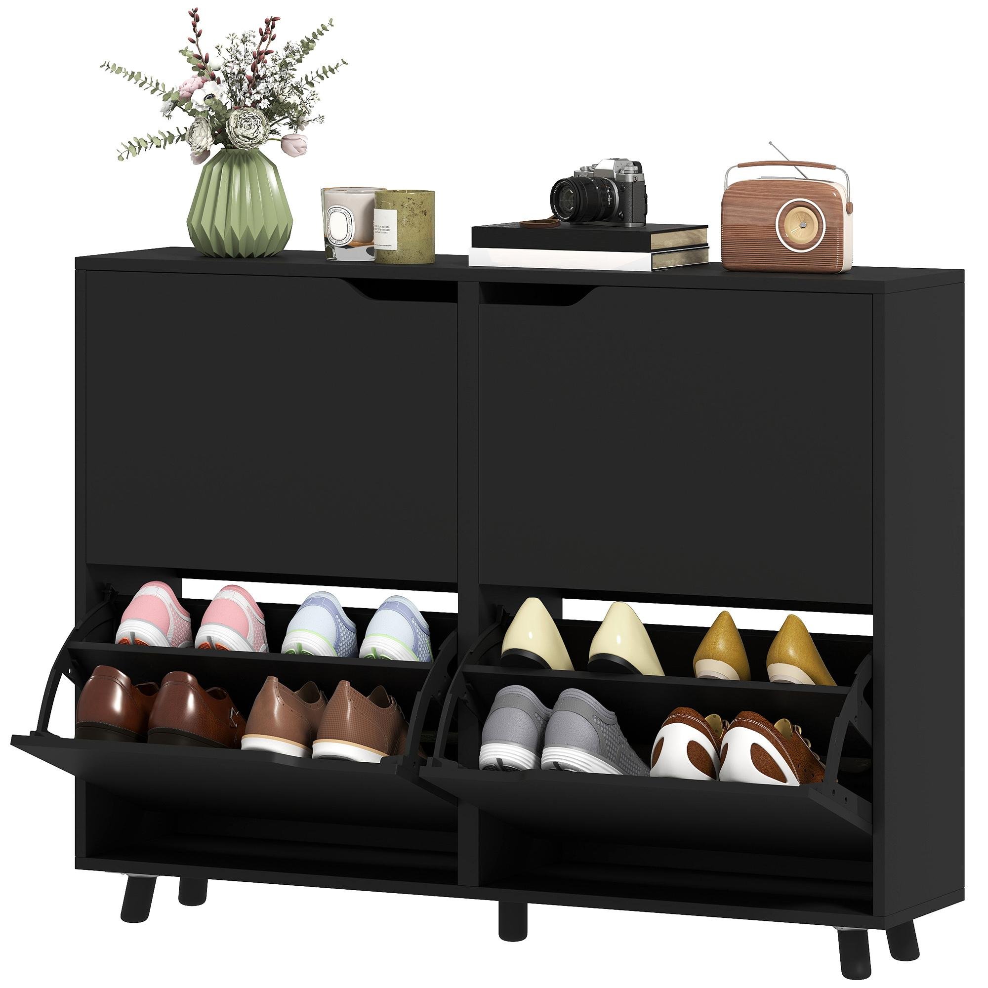 Black 16 Pair Narrow Cabinet with Four Flip Drawers, 41.3 in