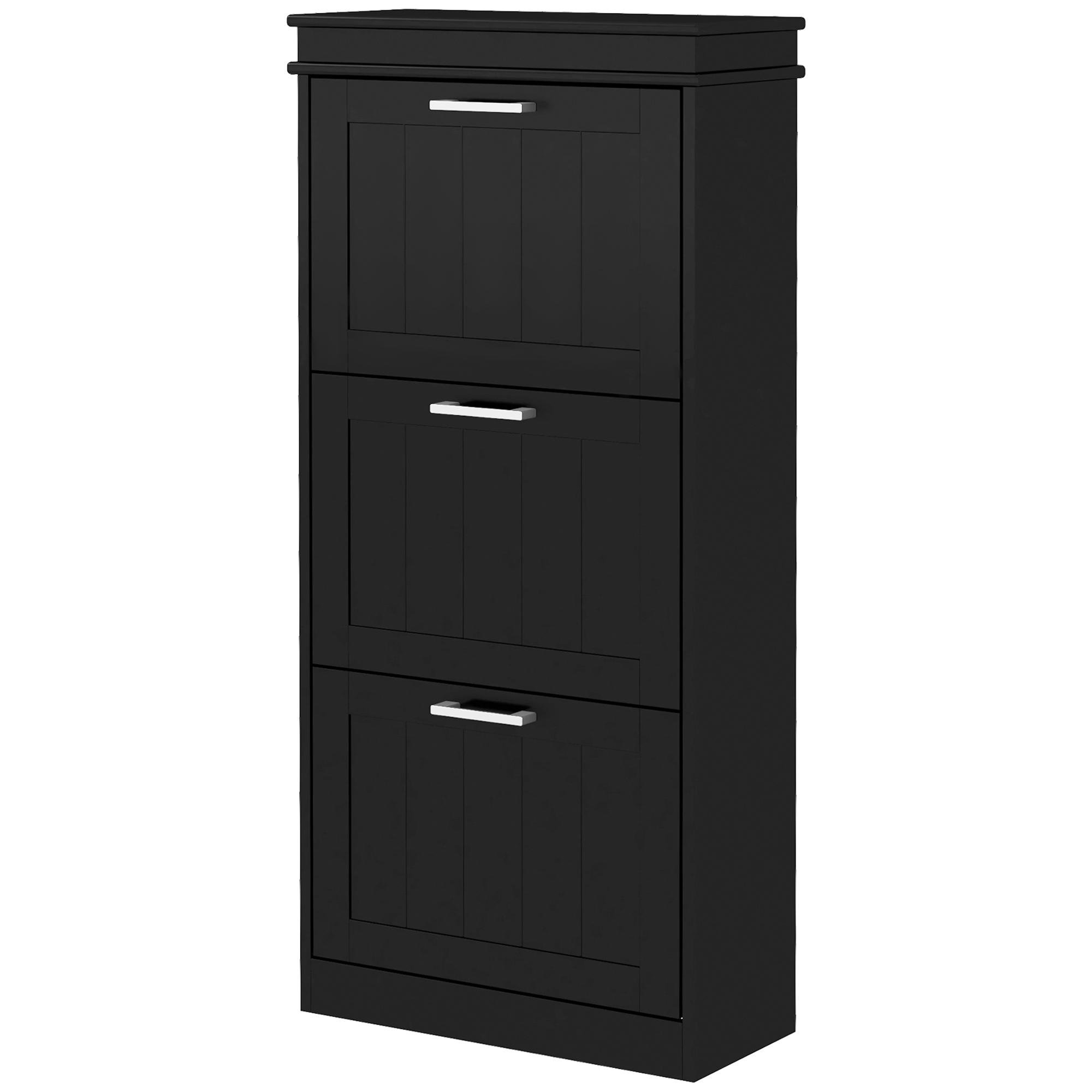 black three drawer shoe cabinet with adjustable shelves