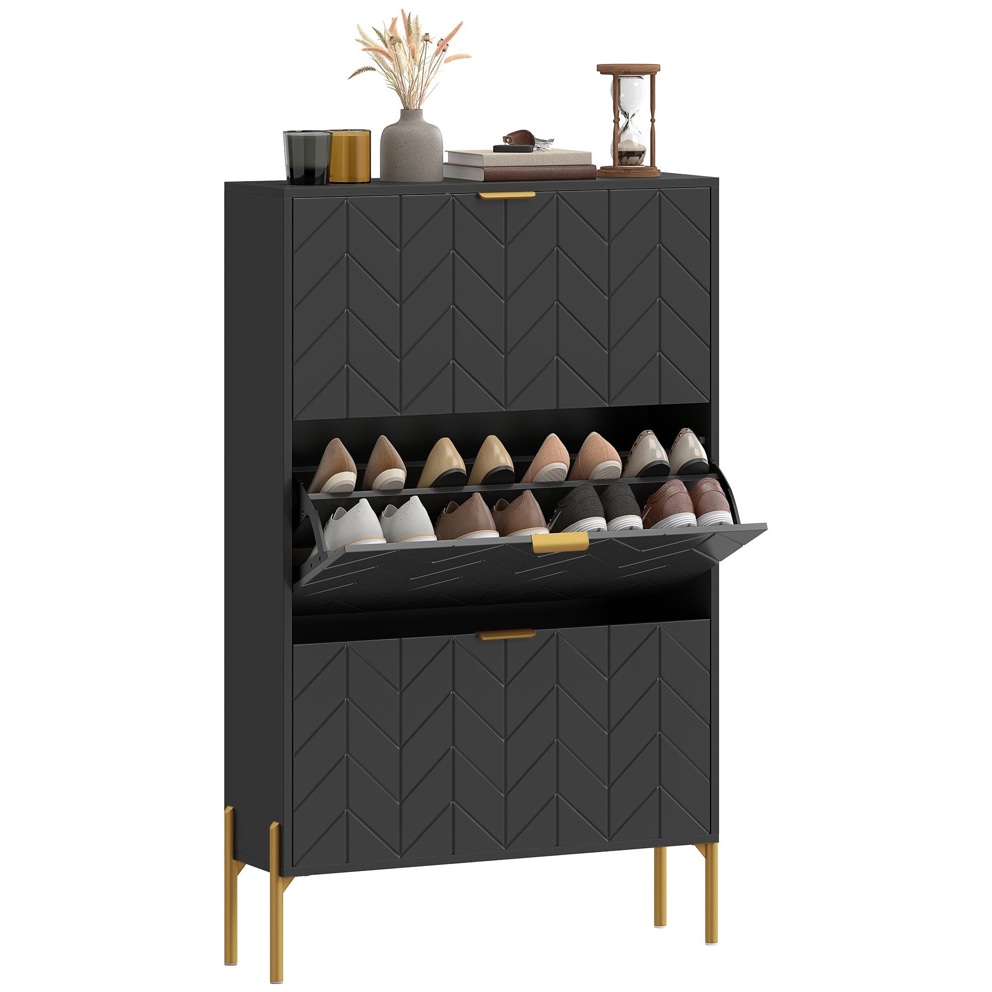 Black 3 Drawer Shoe Cabinet with Adjustable Shelves