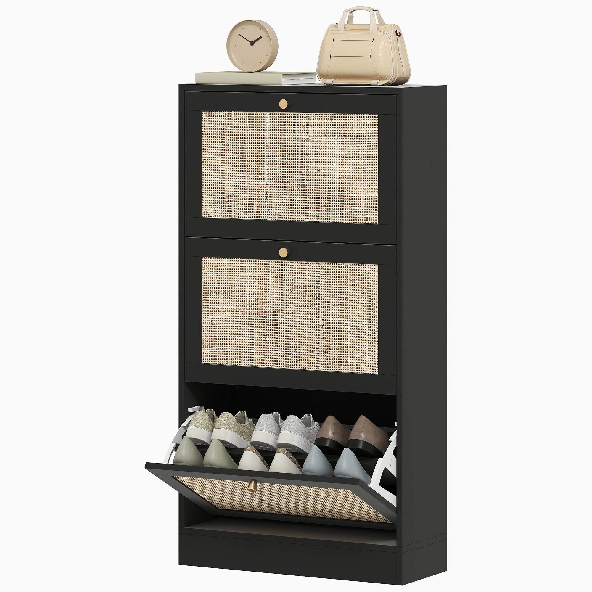 Black Rattan 18 Pair Cabinet with Adjustable Shelves