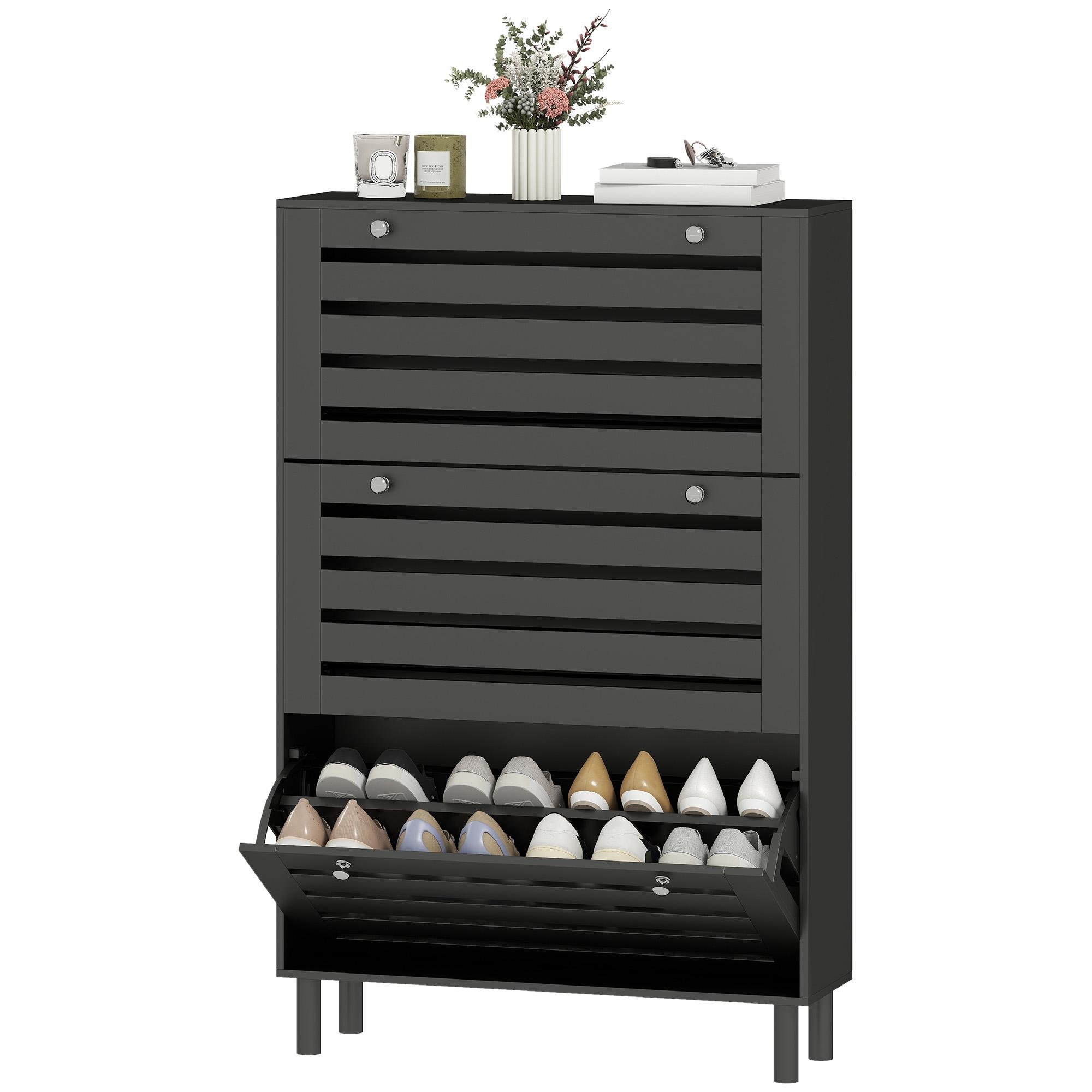 Black Narrow 24 Pair Cabinet with 3 Flip Drawers