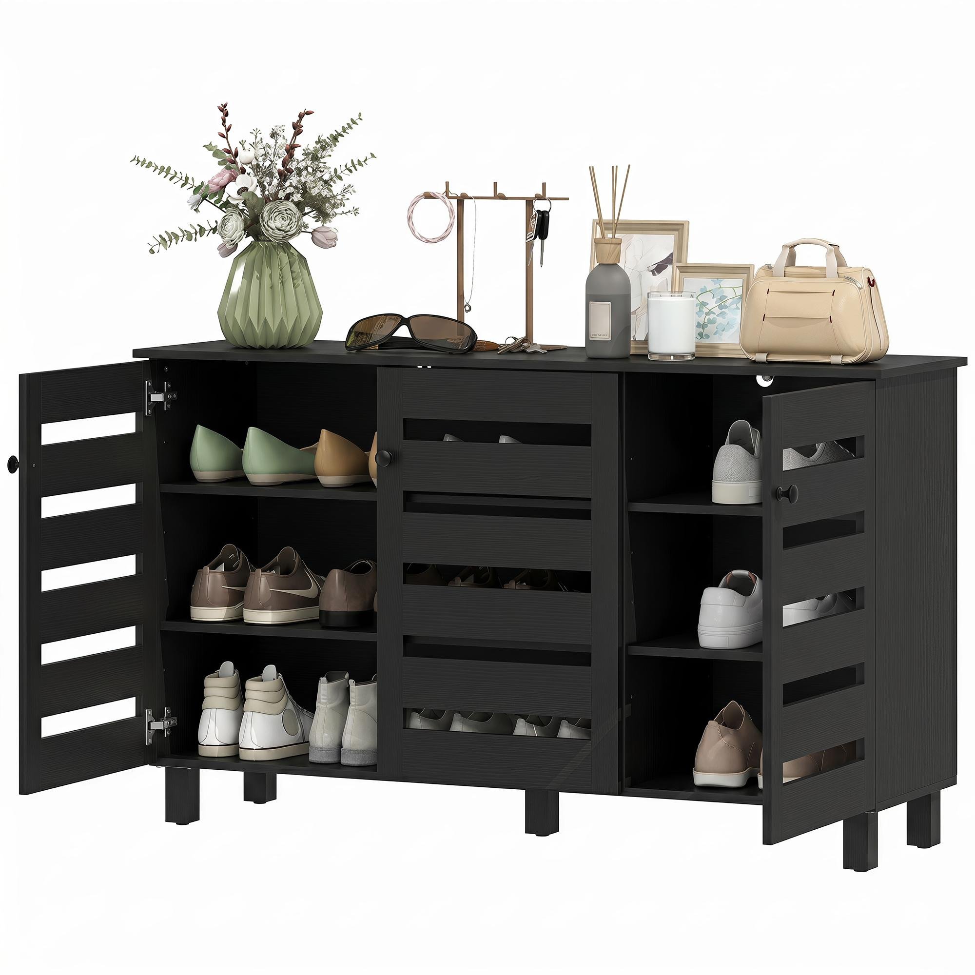 Black Slatted Shoe Cabinet with Adjustable Shelves