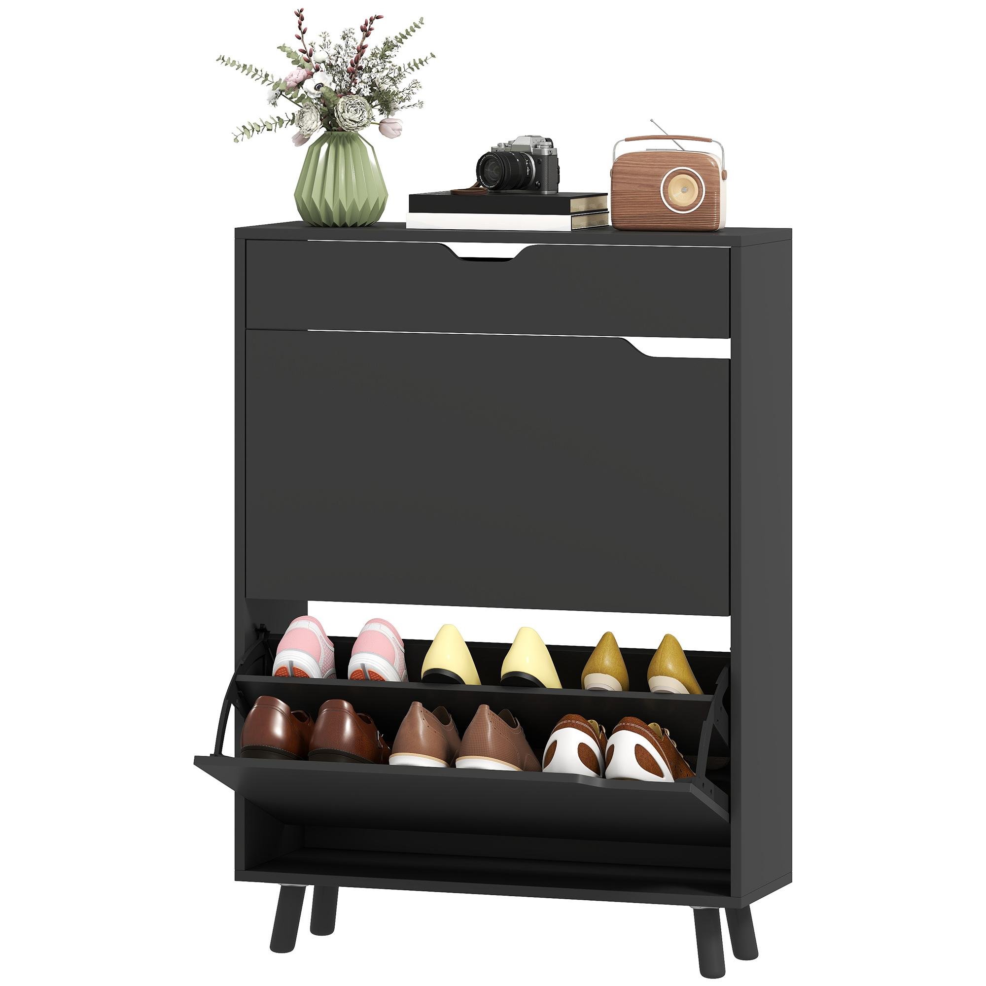 Black 12 Pair Narrow Cabinet with Two Flip Drawers