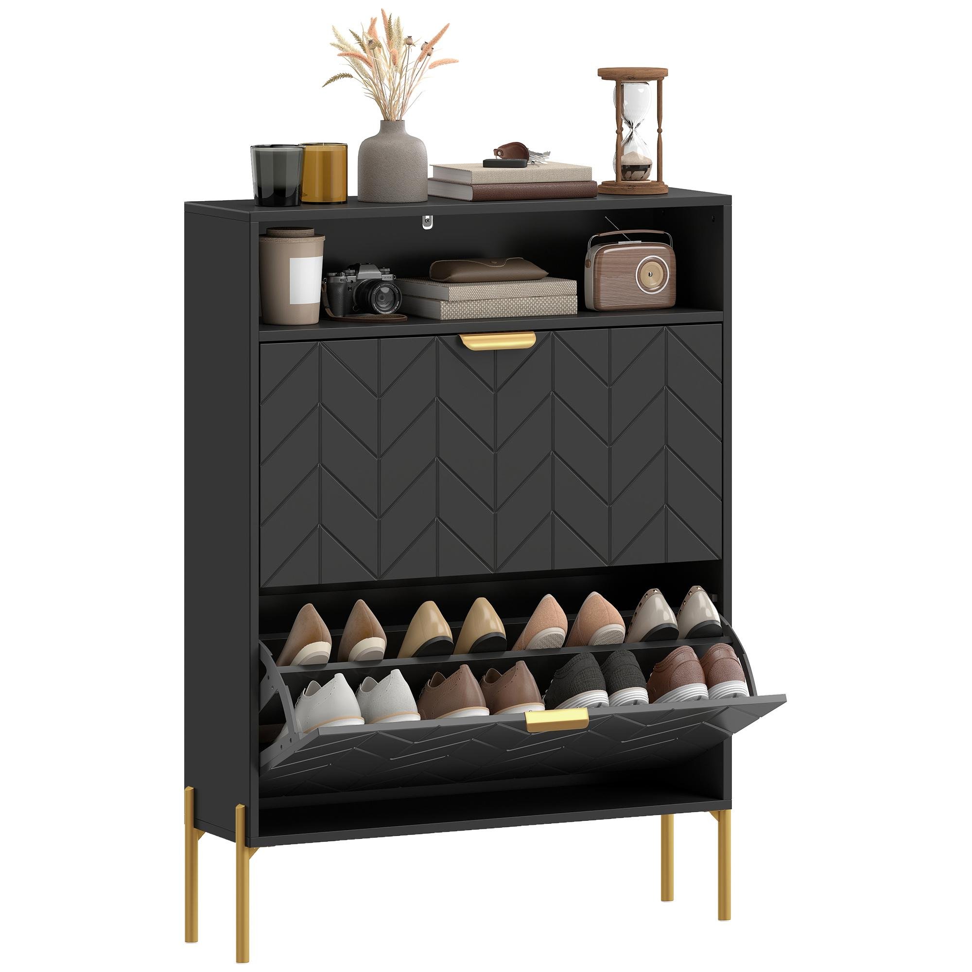 Black 2-Drawer Narrow Shoe Cabinet, 12–16 Pair Storage