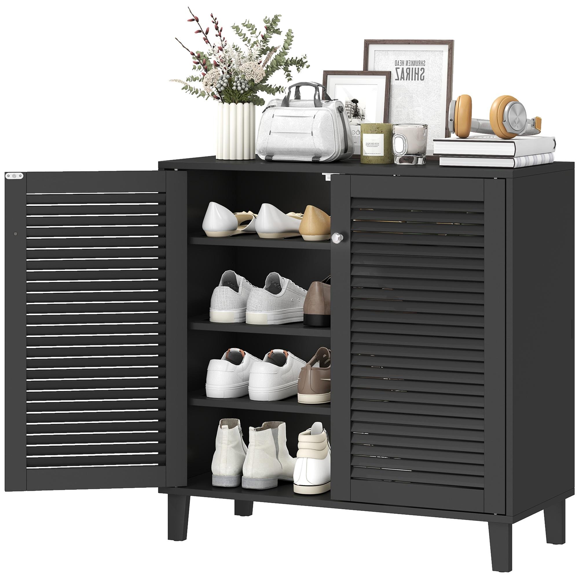 Black 14 Pair Shoe Cabinet with Adjustable Shelves