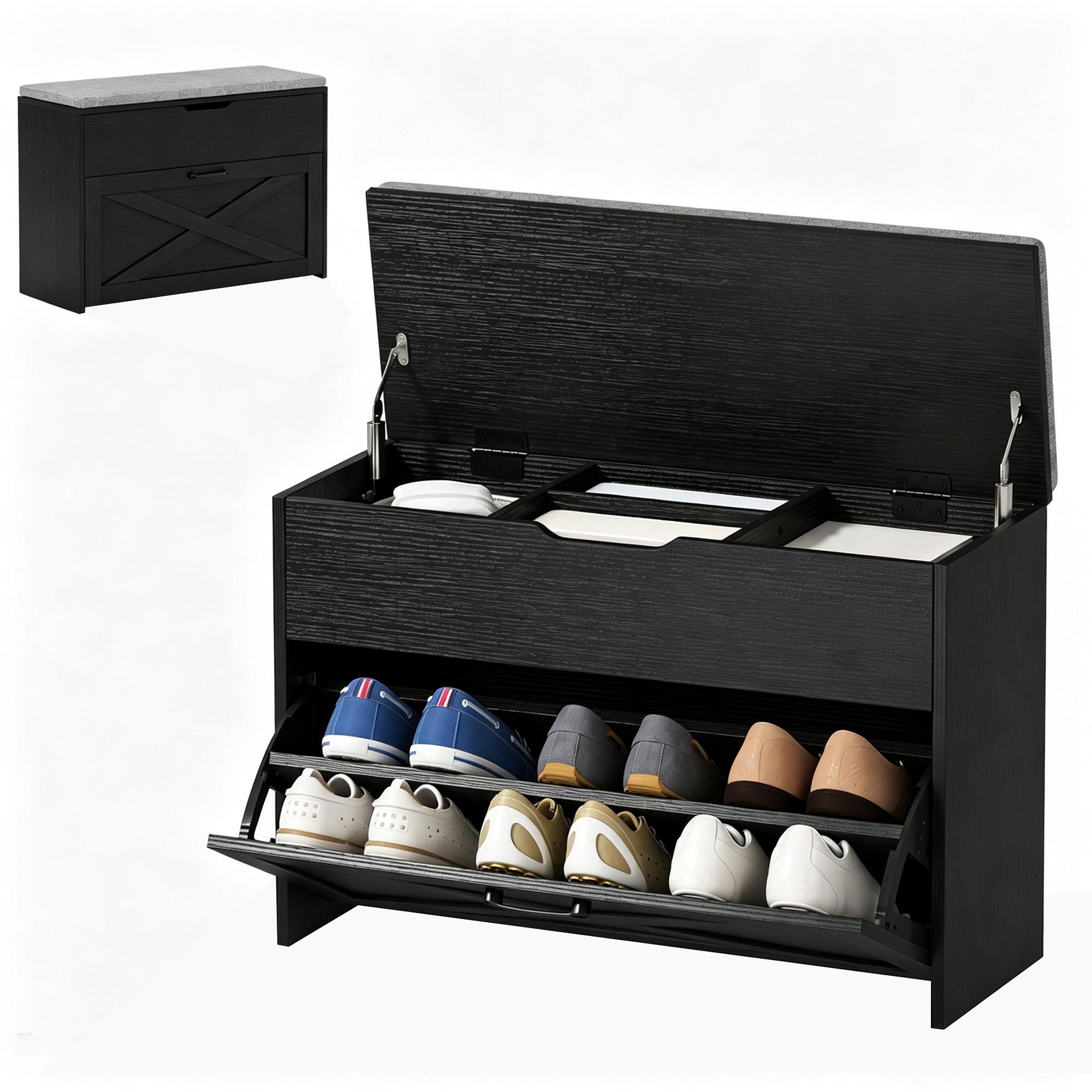 Black Farmhouse Flip Bench with Hidden Storage