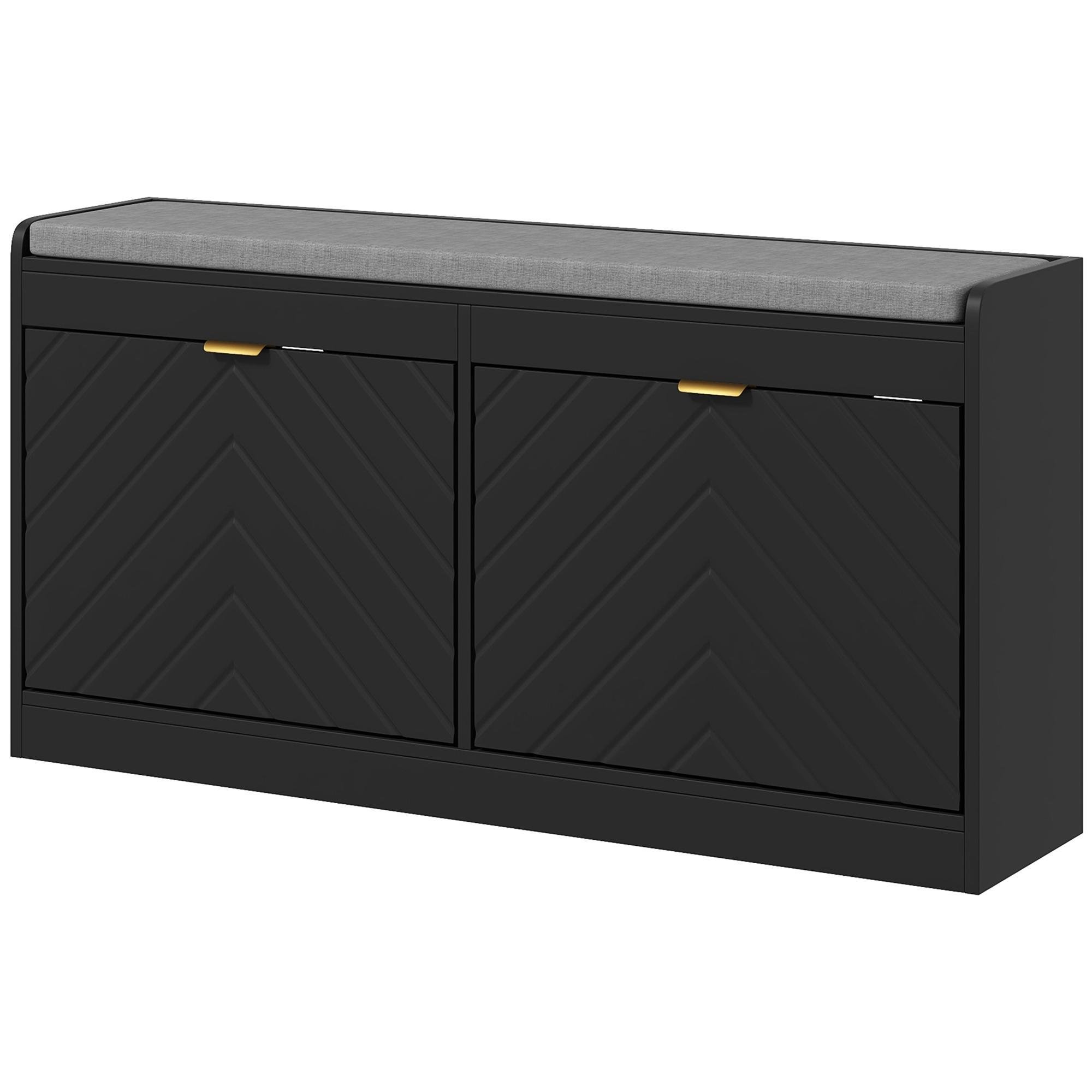Black Cushioned Flip Shoe Bench with Two Flip Drawers