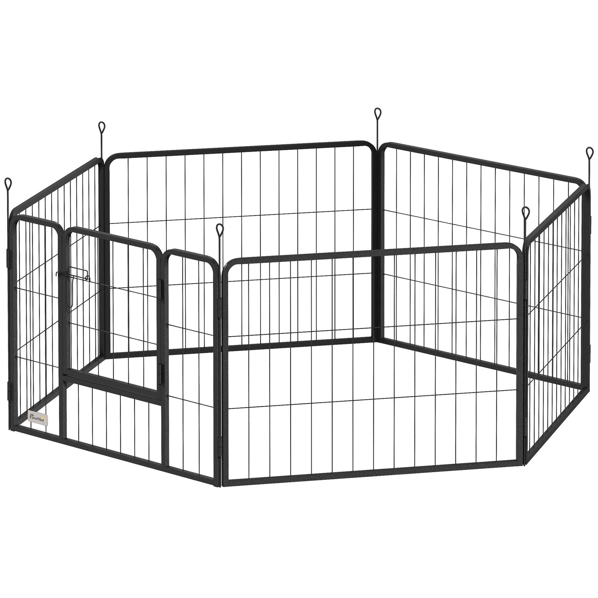 Black Steel Playpen With Stakes, Six-Panel Dog Enclosure