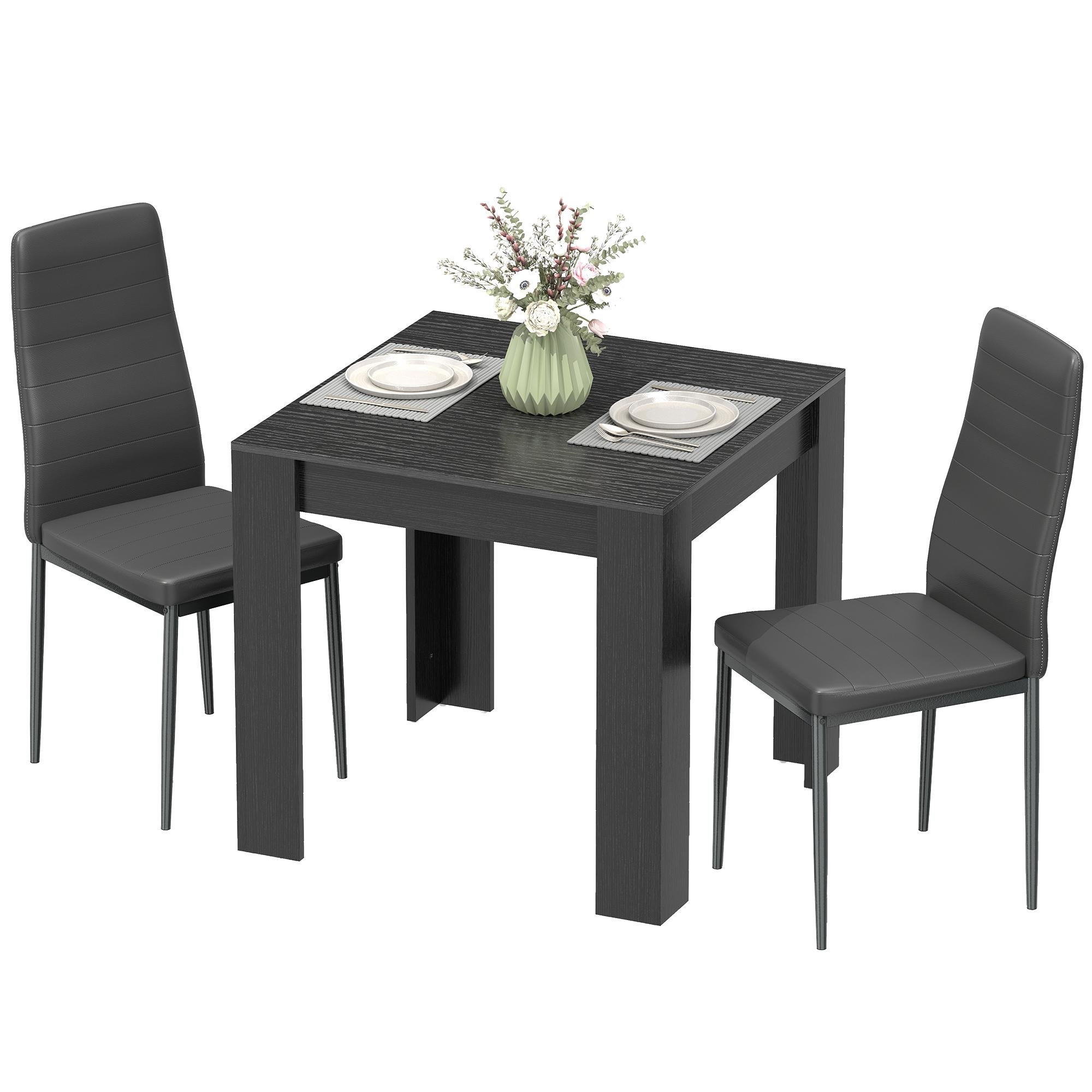Black PU Leather Dining Set for 2, Square Table