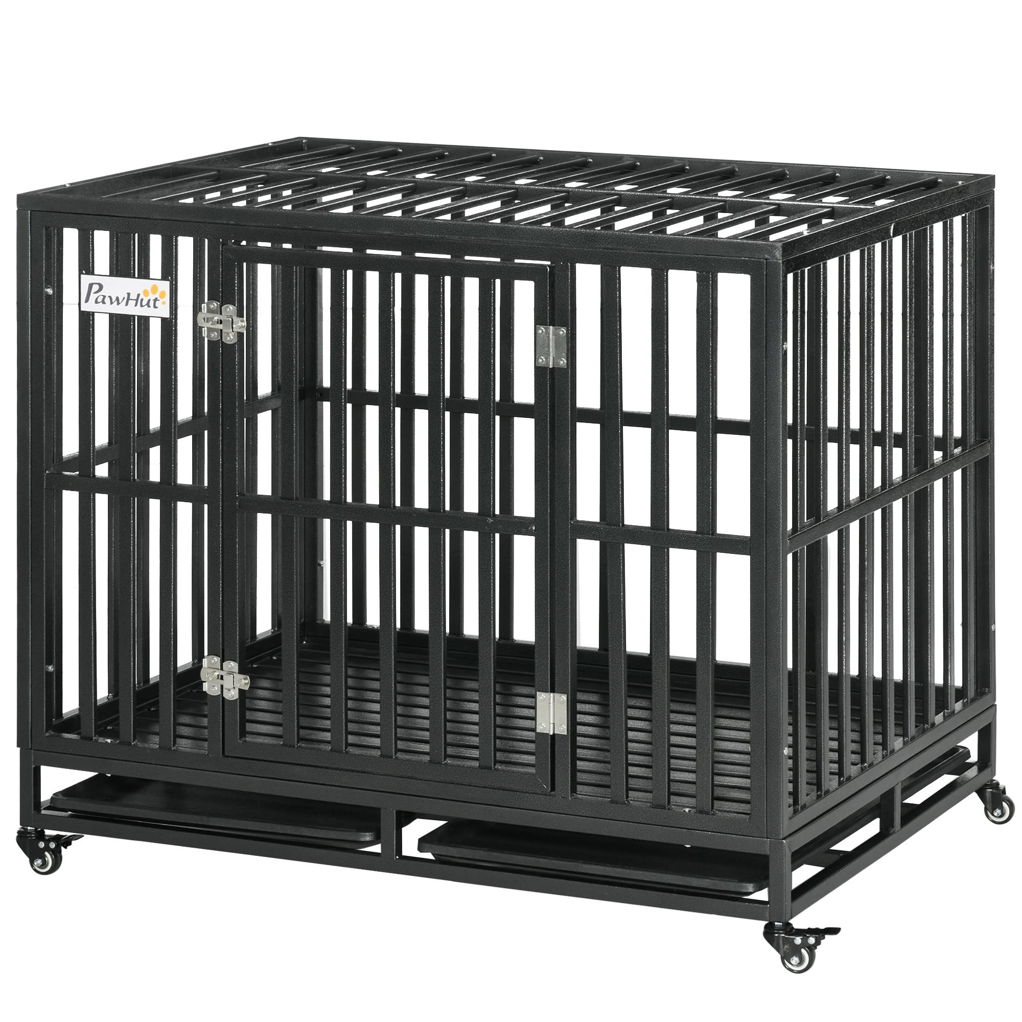 Black Steel Dog Crate with Wheels and Two Trays