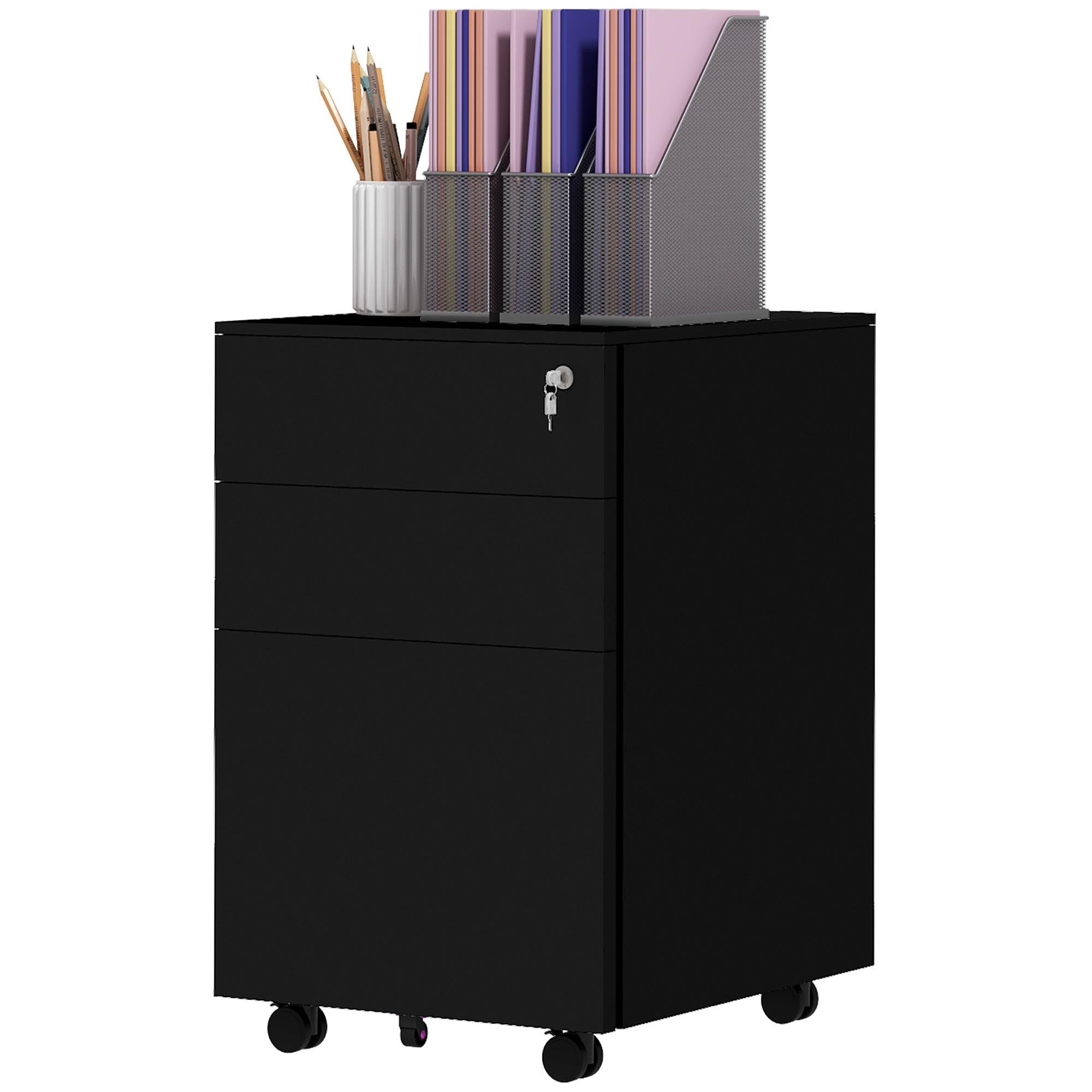 Black 3 Drawer File Cabinet with Lock and Wheels