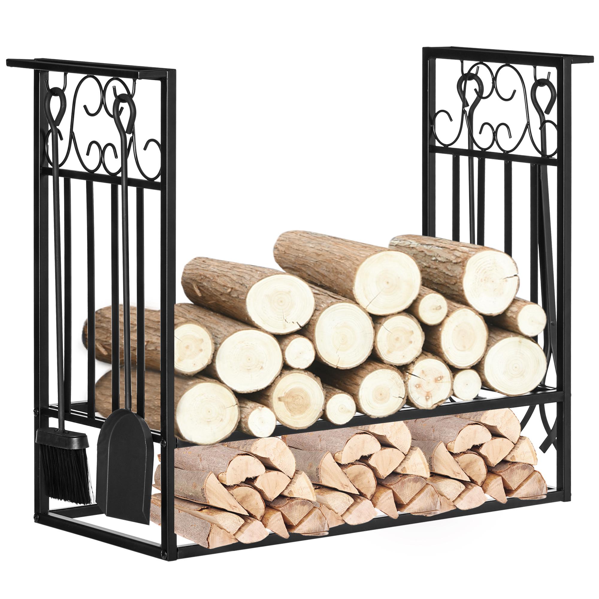 Black Firewood Rack with Tools for Indoor or Outdoor Use