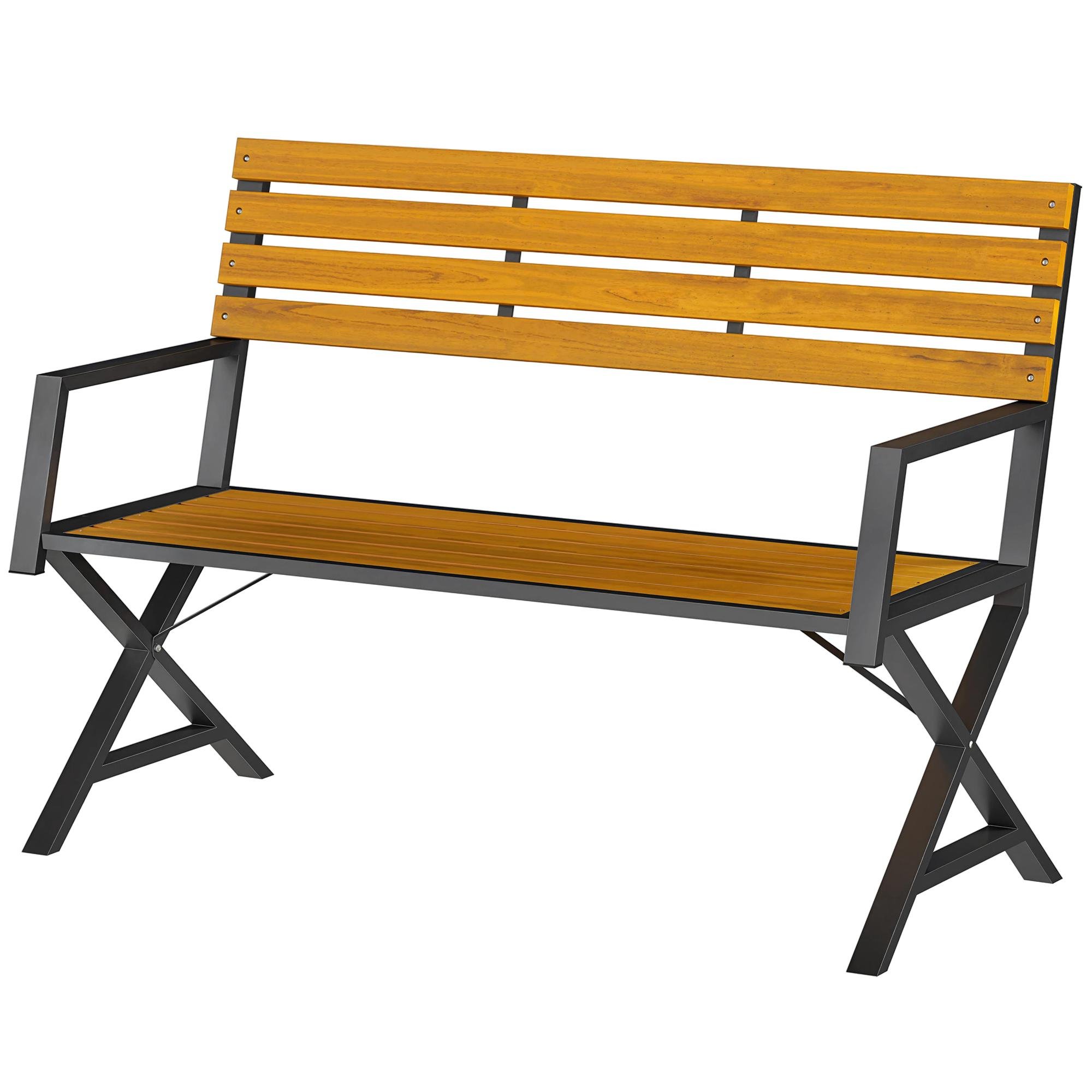 Black Steel Garden Bench with Fir Wood Seat for Two
