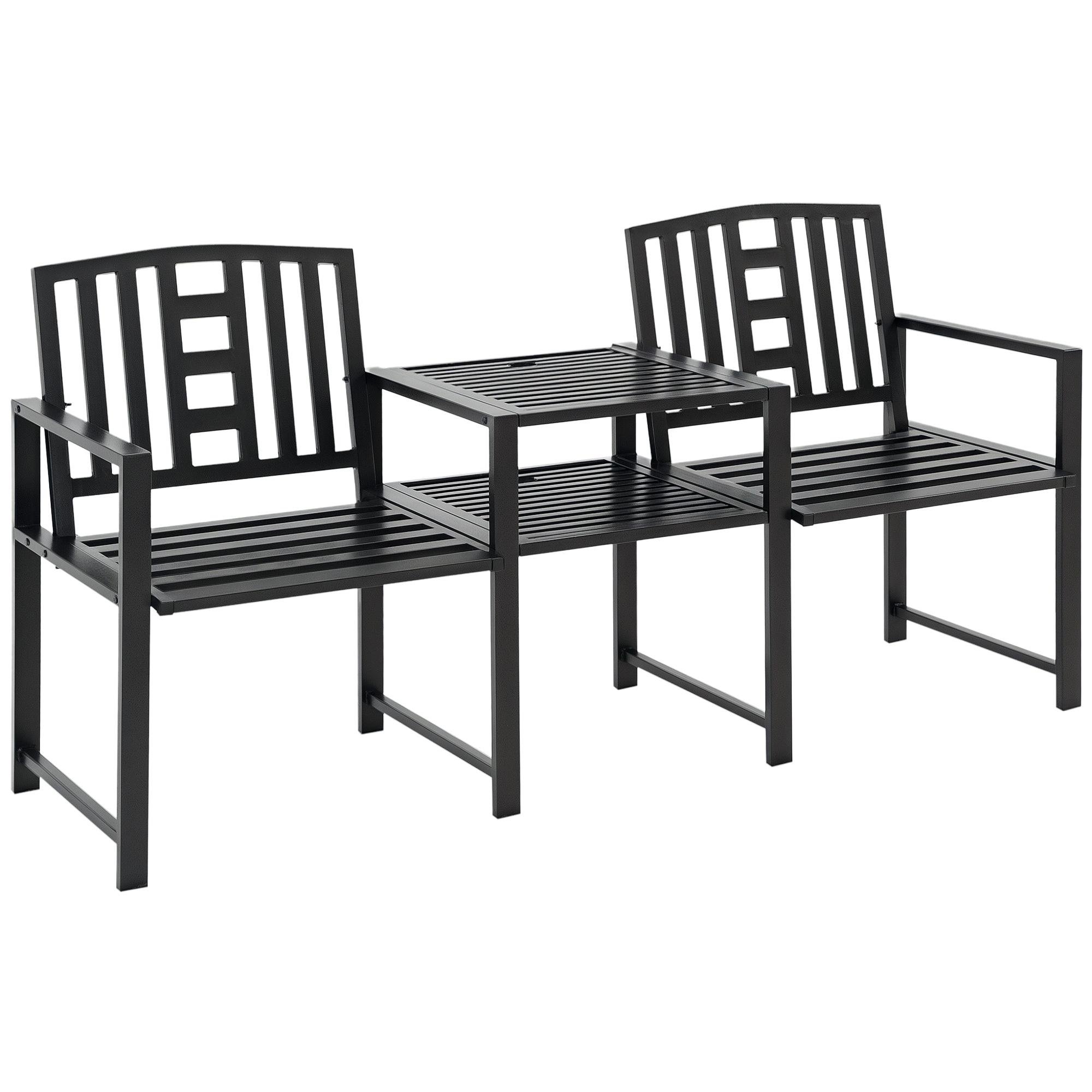 Black Steel Bench with Table and Umbrella Hole