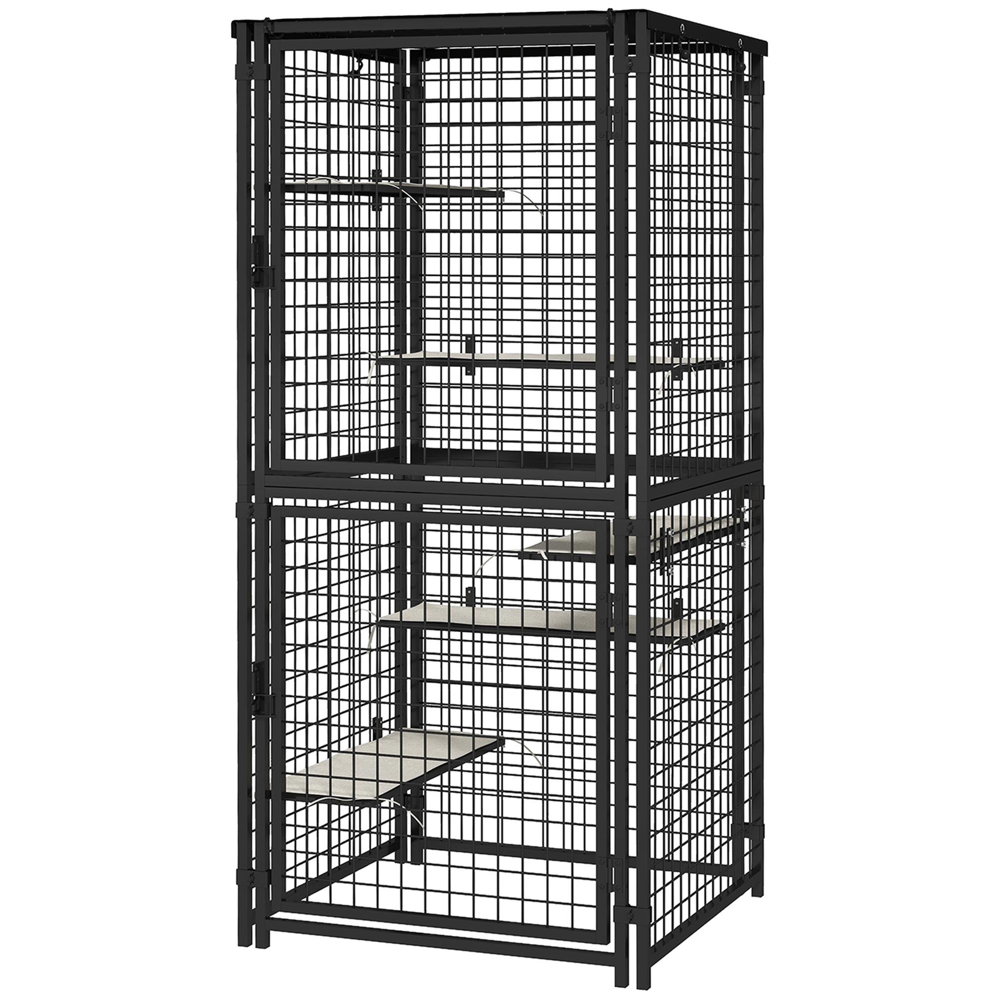 Black Steel Catio with Canopy, 5 Platforms for Two Cats