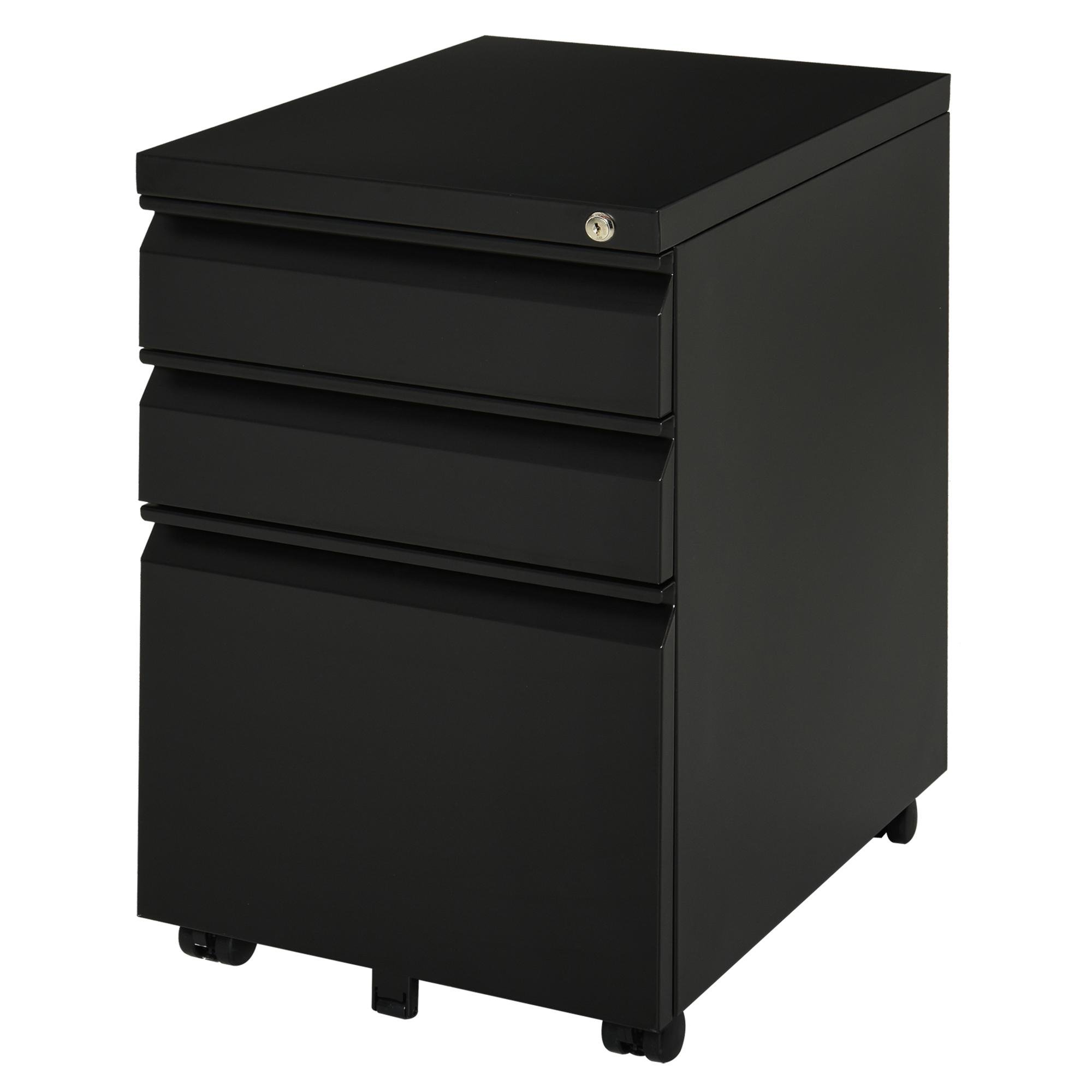 Black Steel Rolling File Unit with Central Lock, 3 Drawers