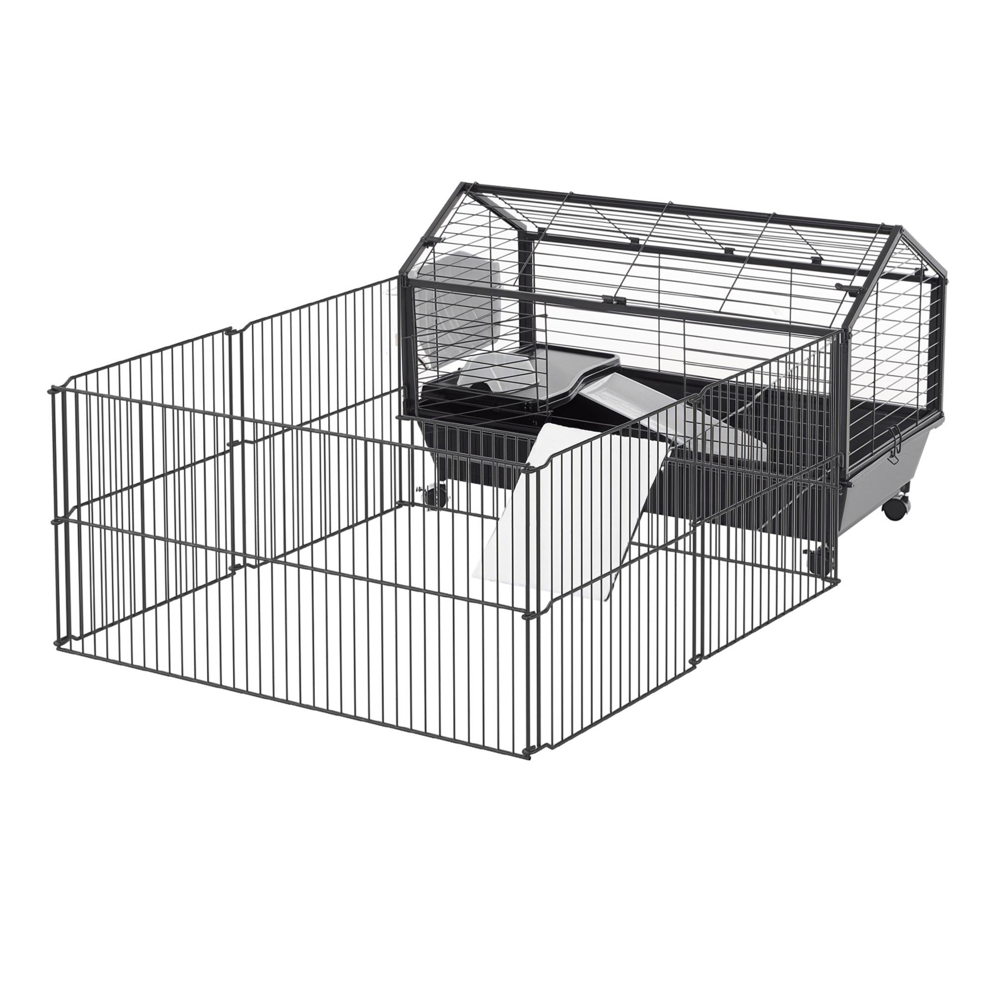 Black Rolling Rabbit Hutch with Foldable Run, 128 cm