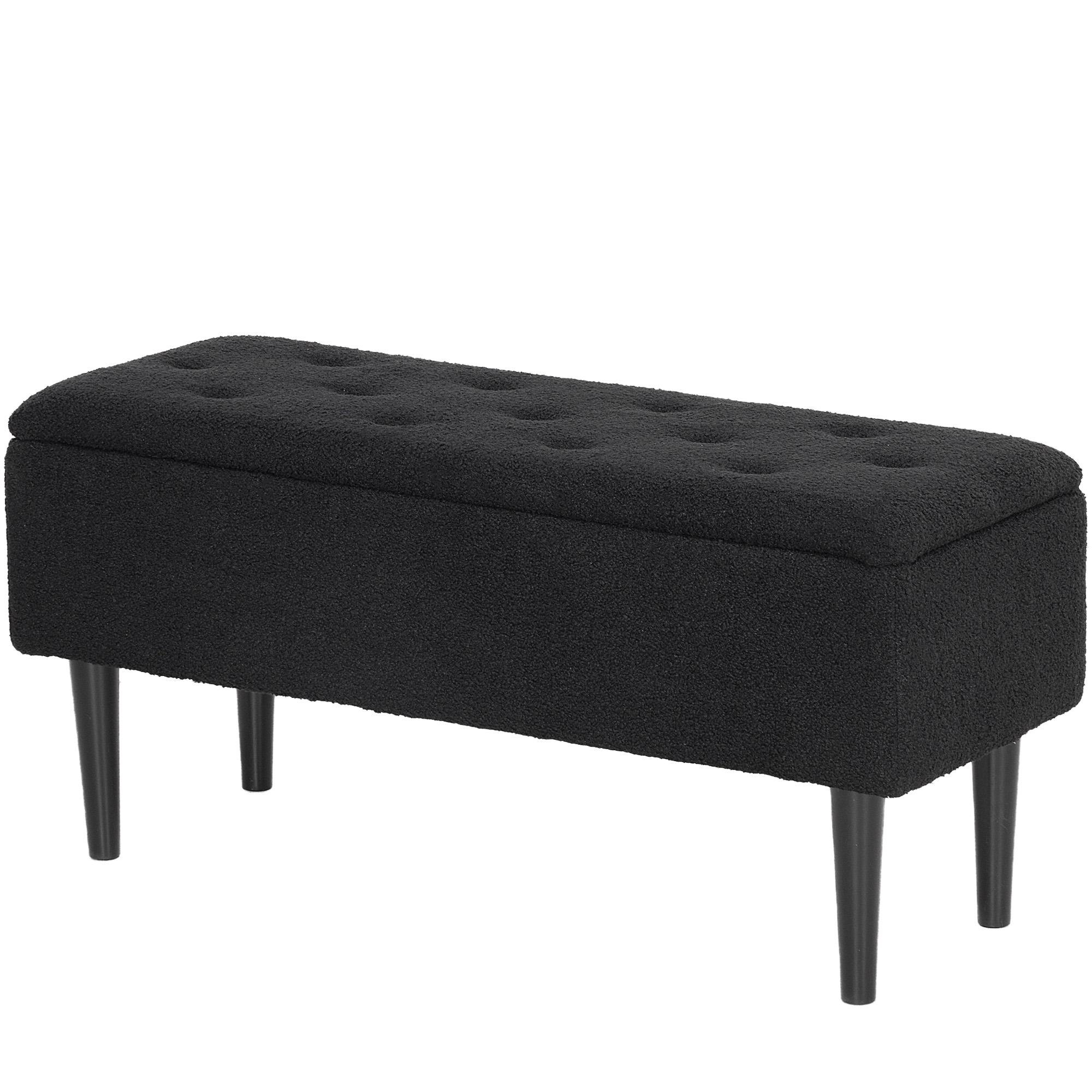 Black 57L Storage Bench with Teddy Velvet-Feel Upholstery for Bedroom