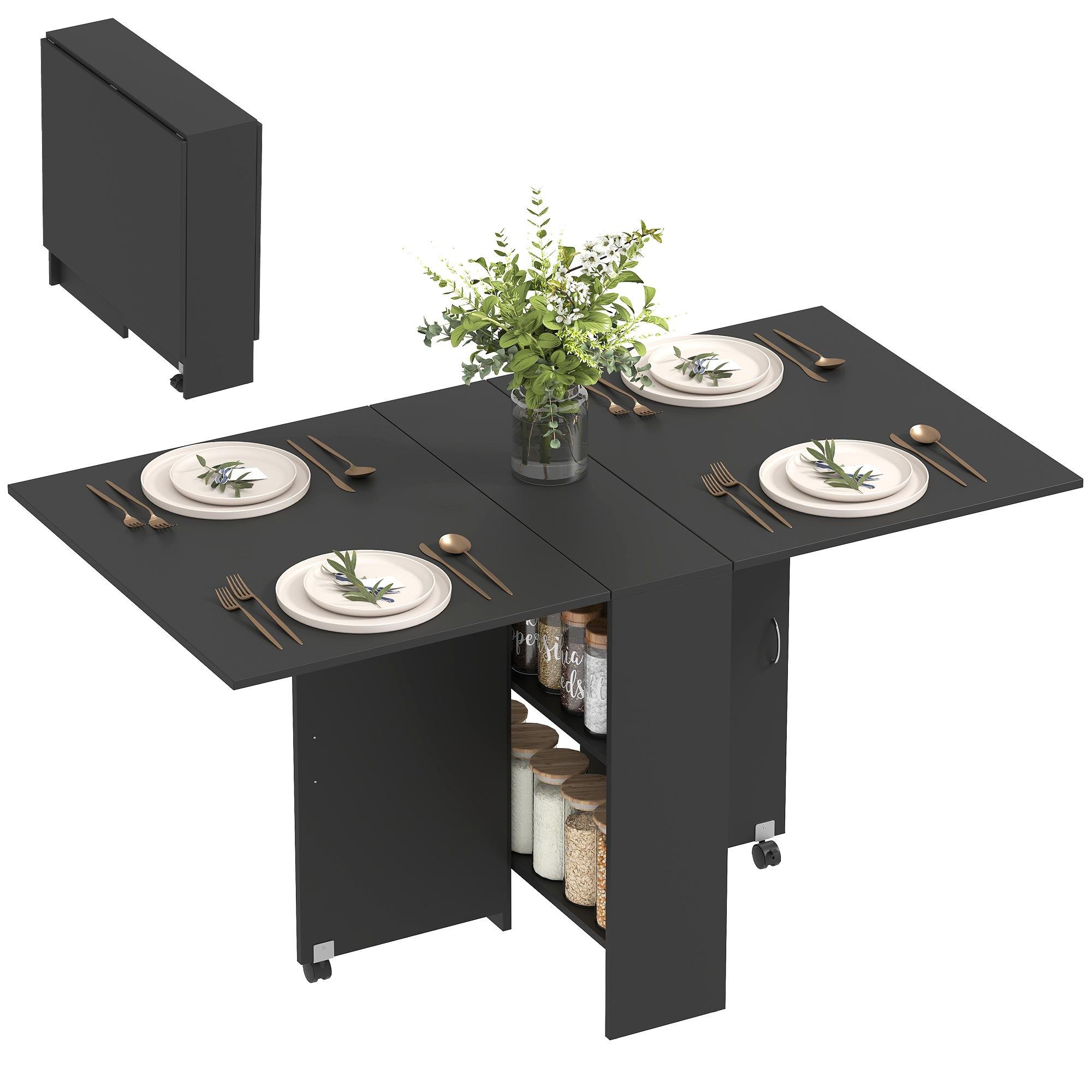Black Storage Dining Table with Drop Leaves and Shelves