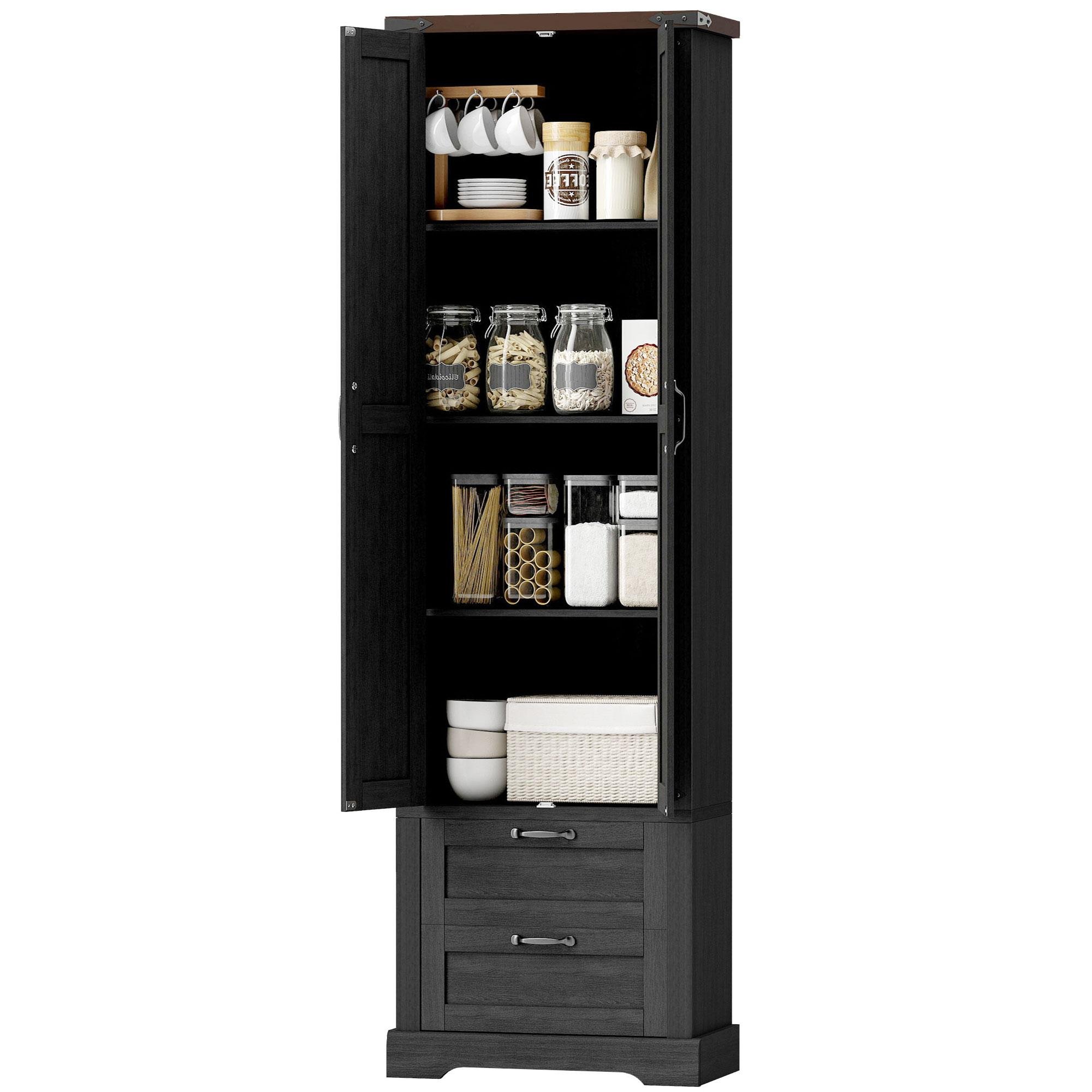 Black Tall Pantry Cabinet with Adjustable Shelves, 2 Drawers