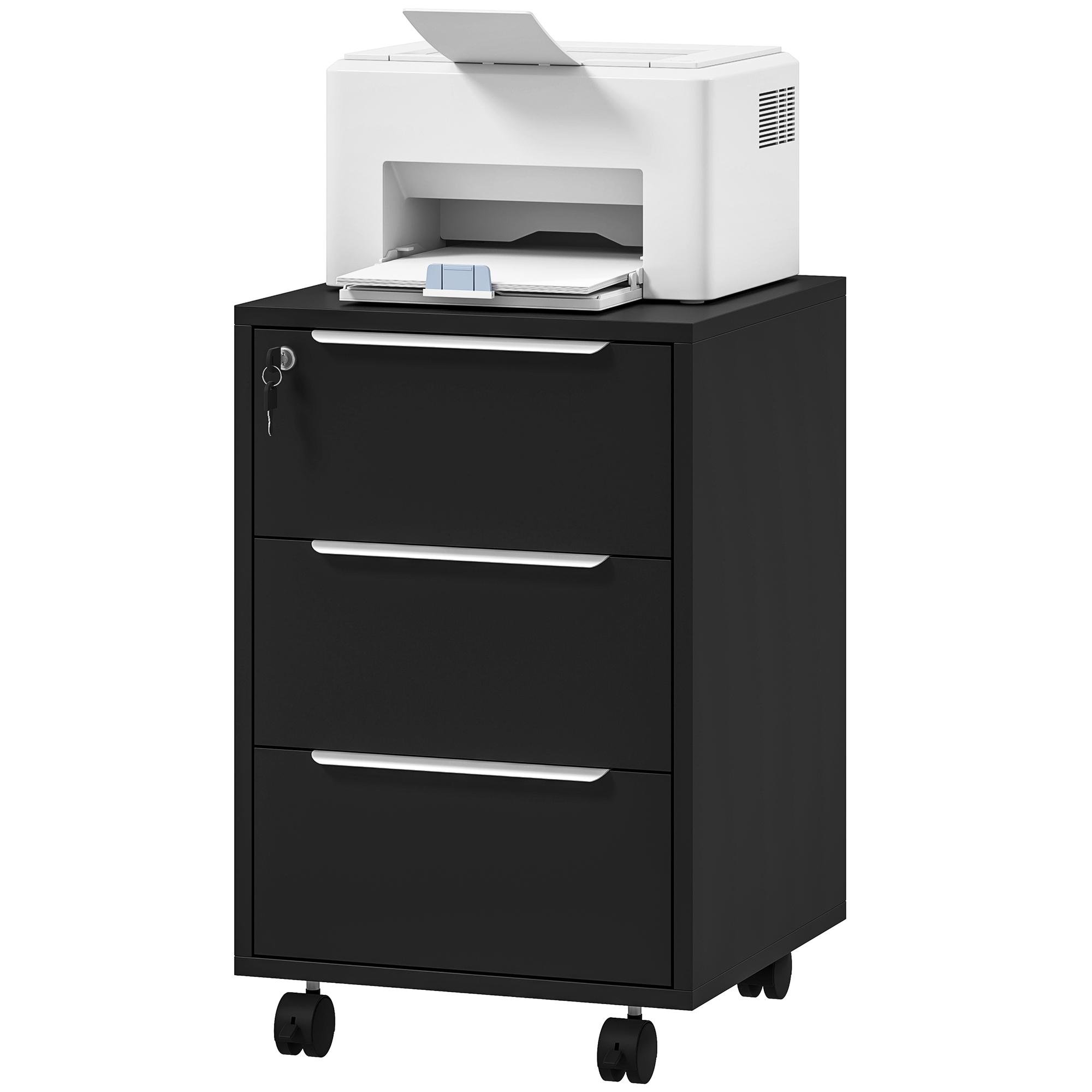 Black 3 Drawer Cabinet with Lock and Castors, 15.75-Inch