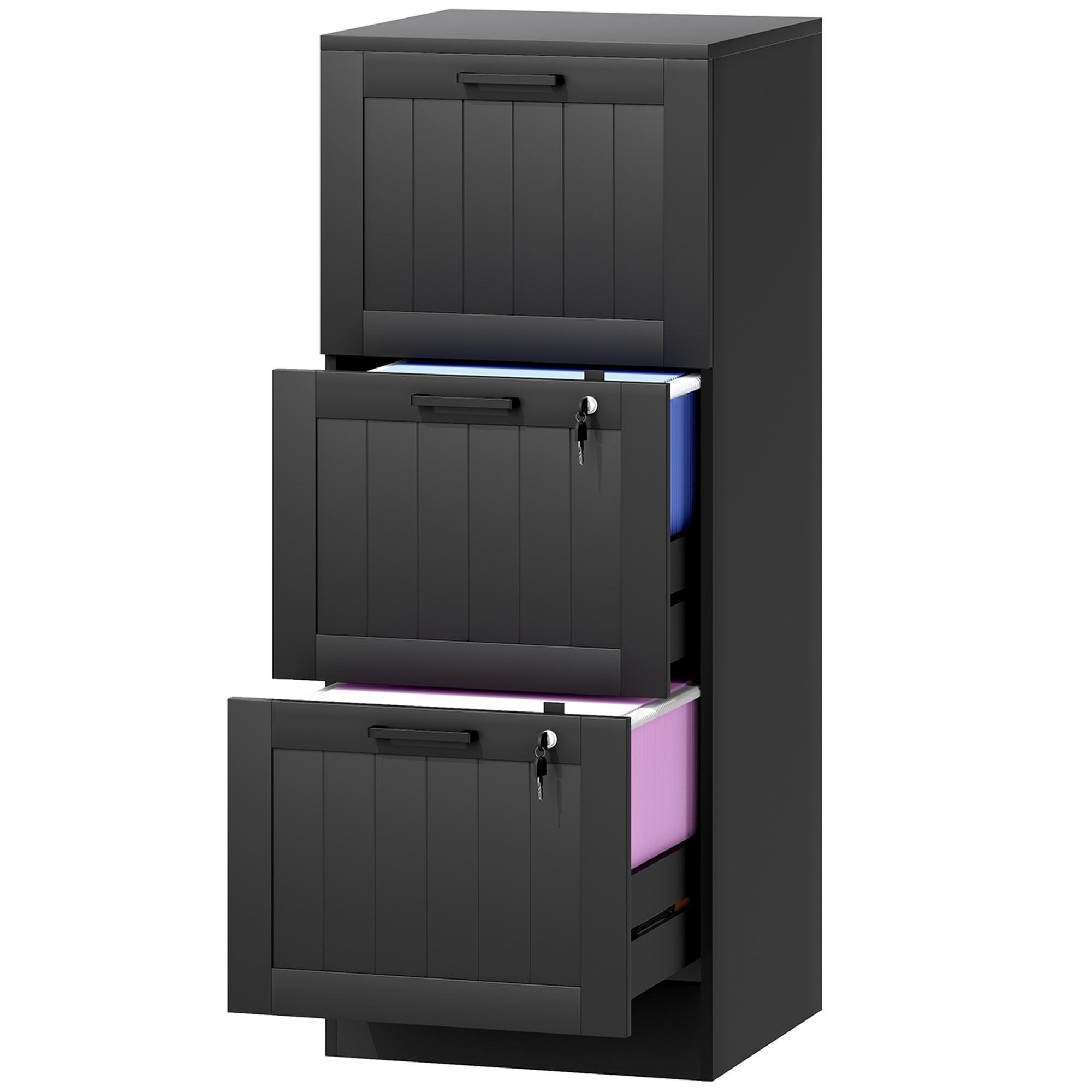 Black Engineered Wood File Cabinet with Lock, 3 Drawers