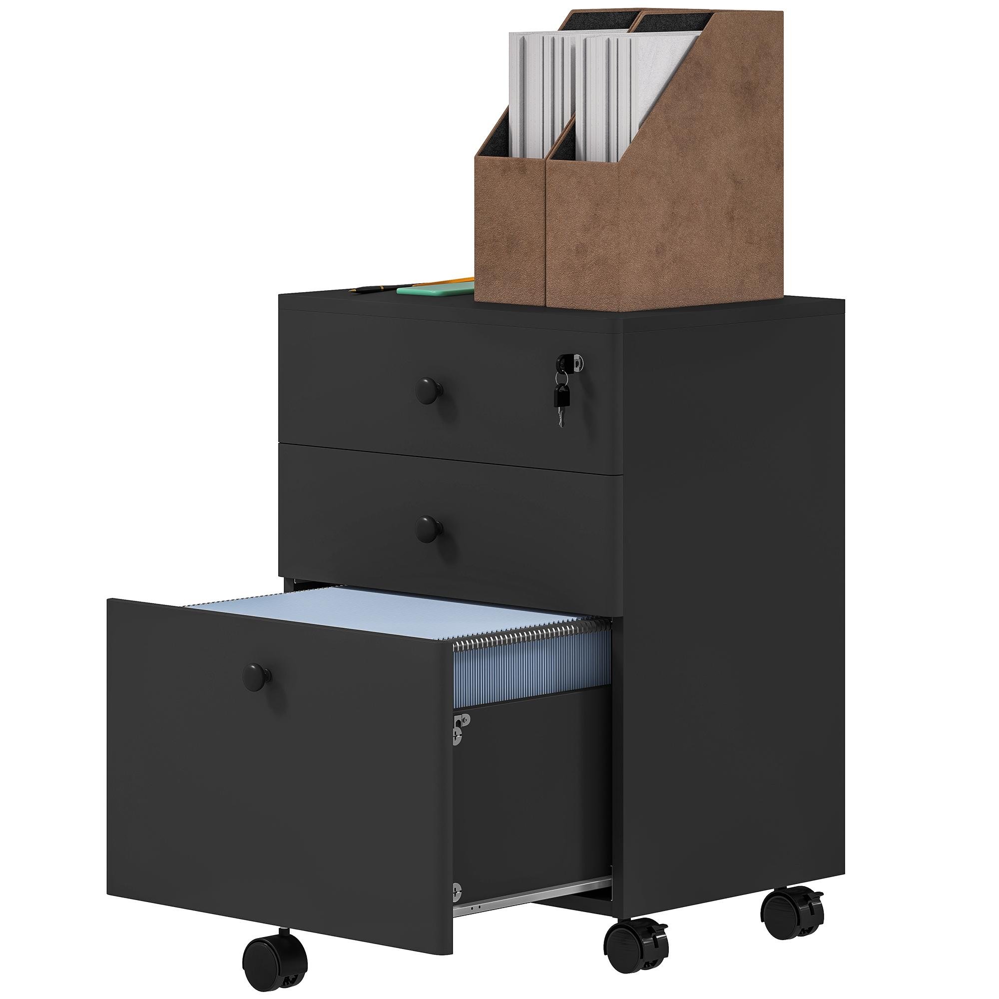 Black Compact Filing Cabinet with Lock and Wheels