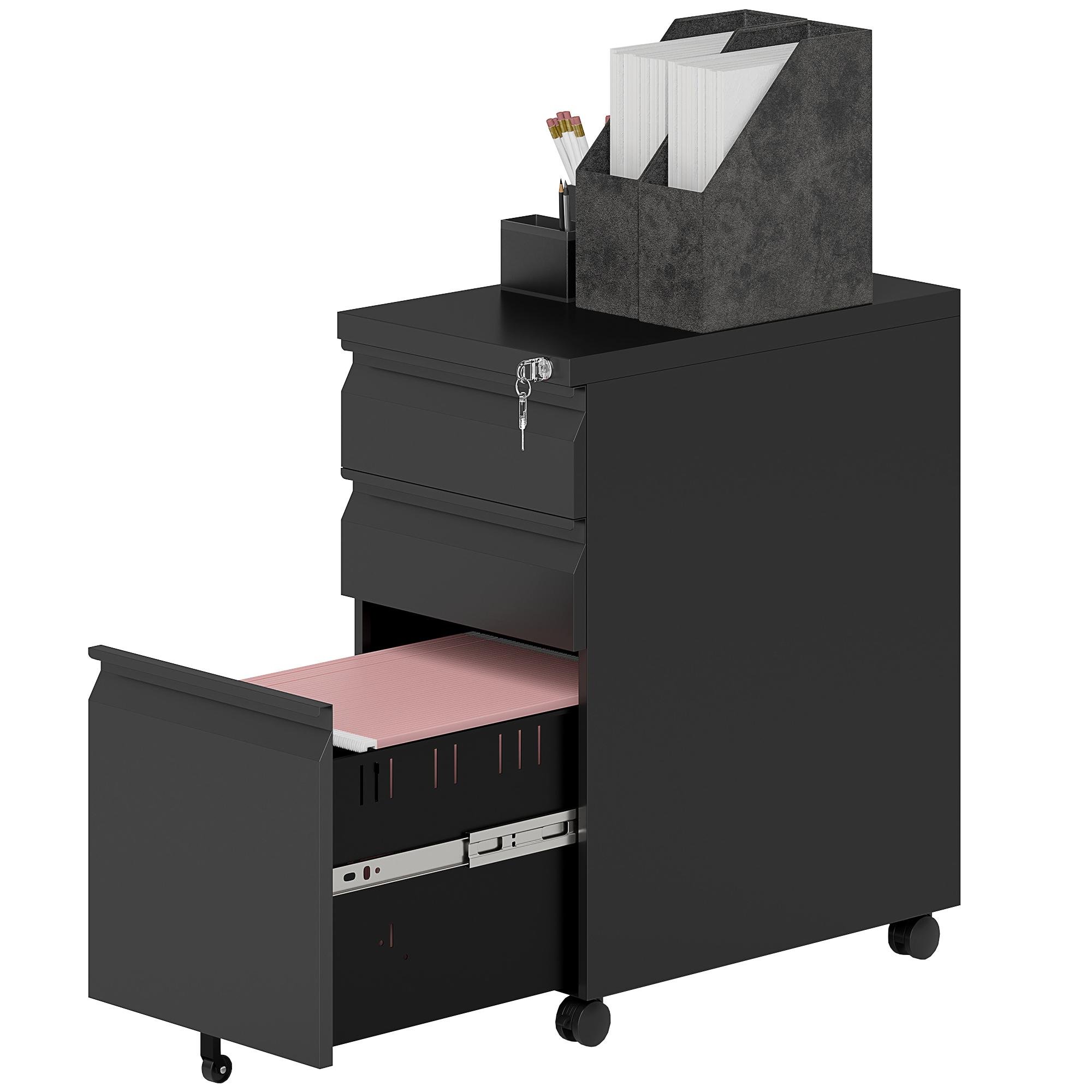 Black 3 Drawer Steel Cabinet with Lock, 11.8 in W