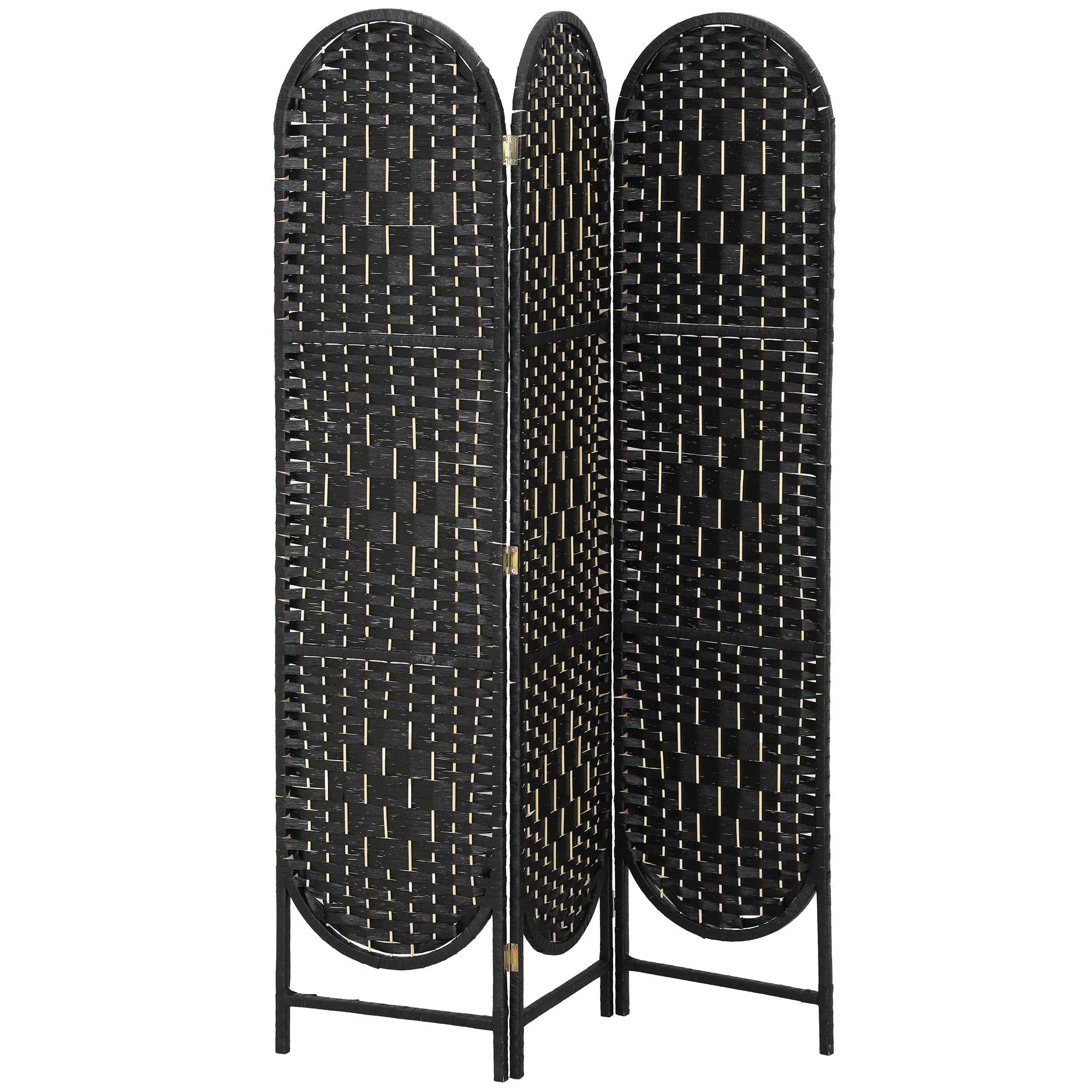 Black Arched 3 Panel Divider with Woven Privacy Screen