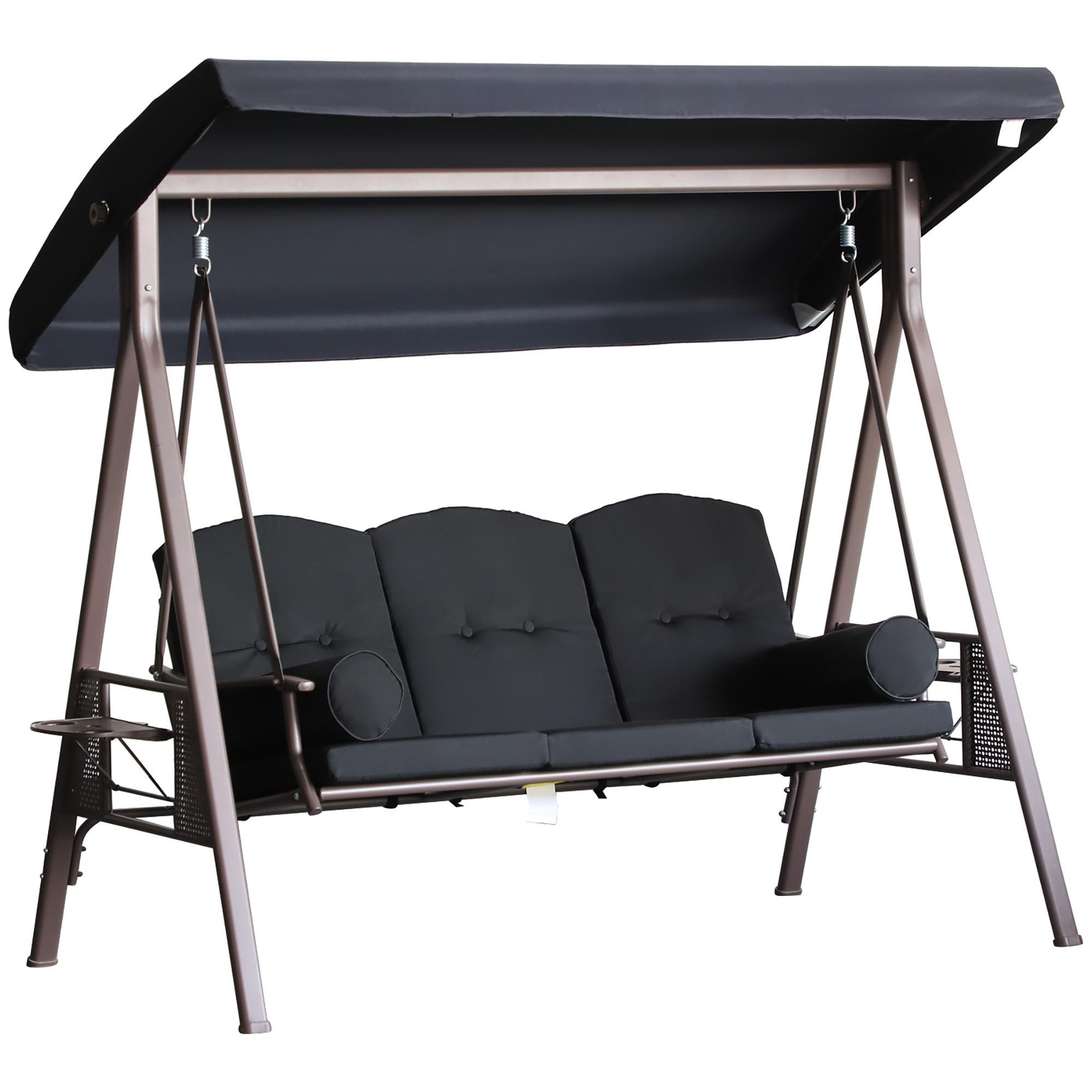 Black Steel Canopy Swing with Cushioned Three-Person Seating