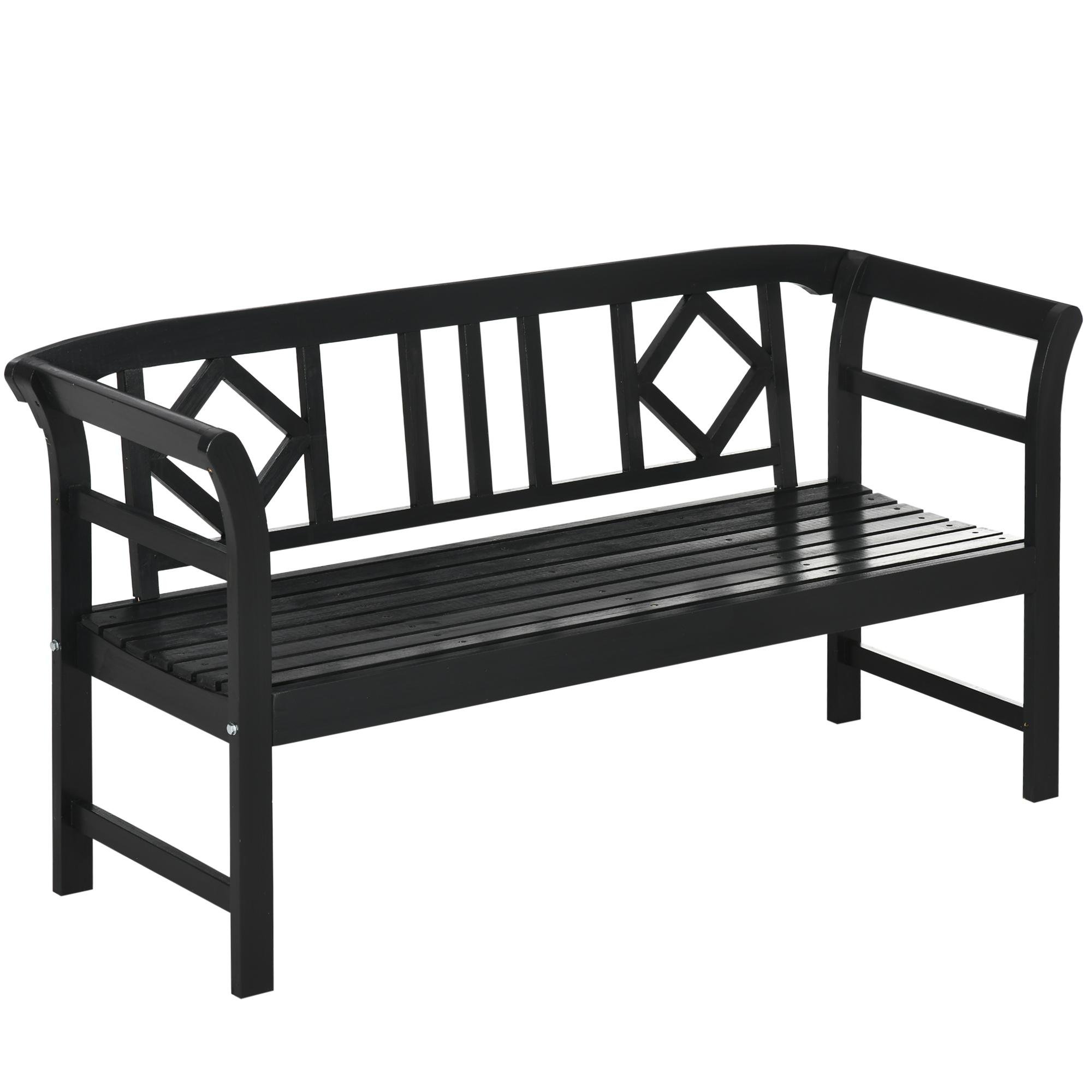 Black Fir Wood Patio Bench, 3-Seat Diamond Backrest