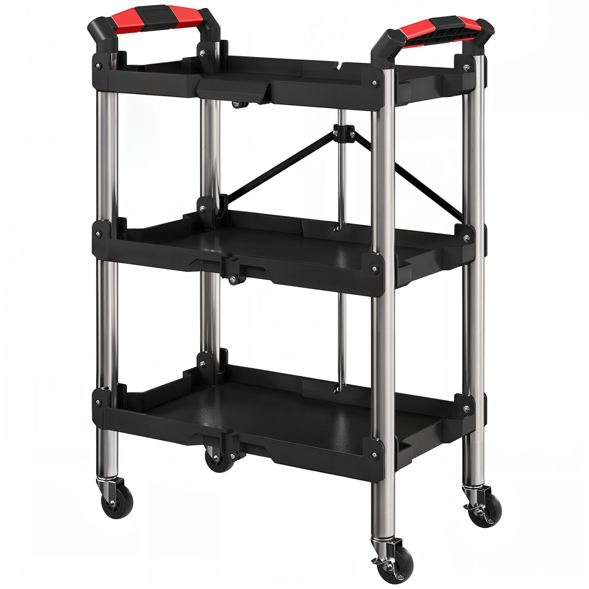 Black Collapsible Tool Cart, 150 lb 3-Tier Folding Utility Cart
