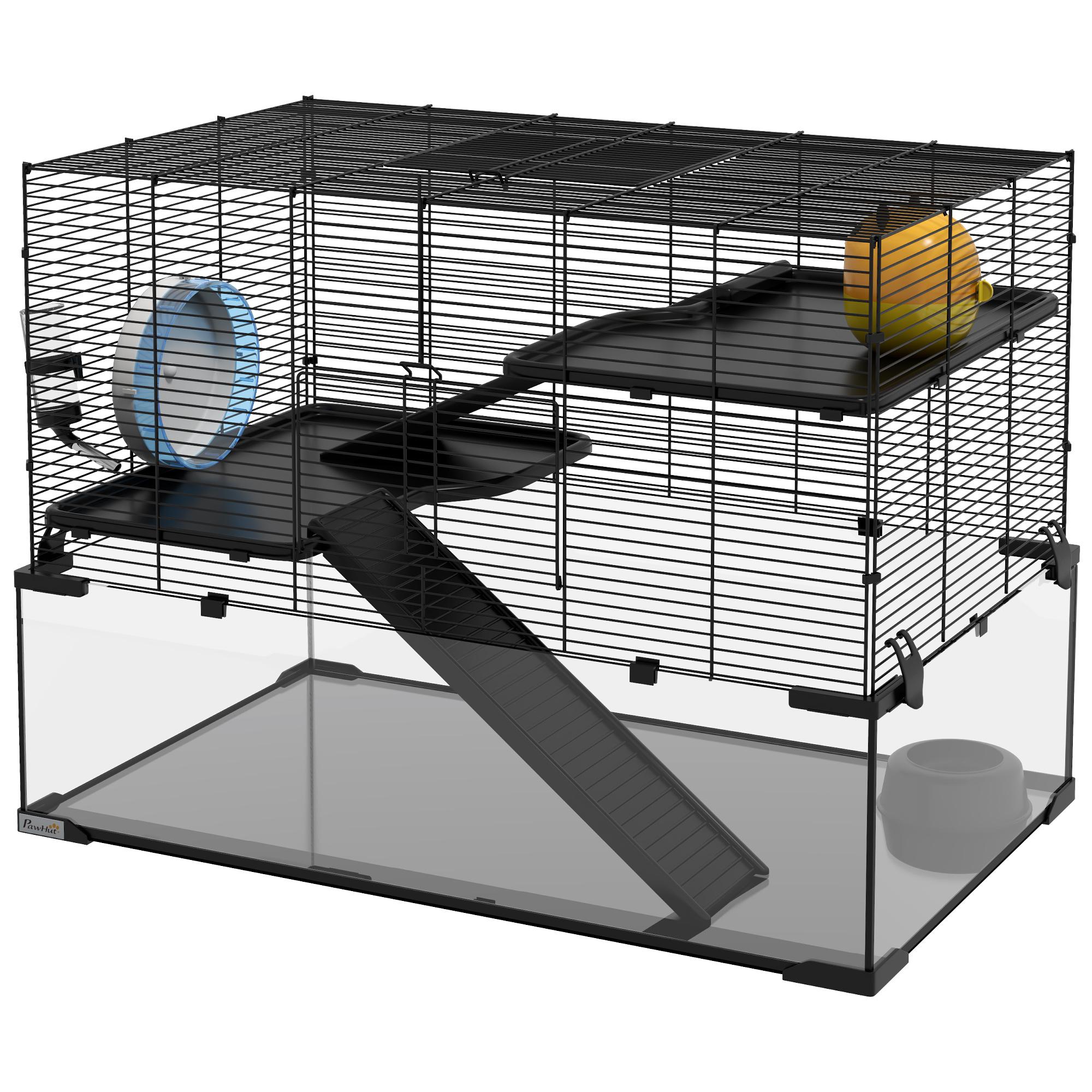 Black Tempered Glass Hamster Cage with 3 Tiers