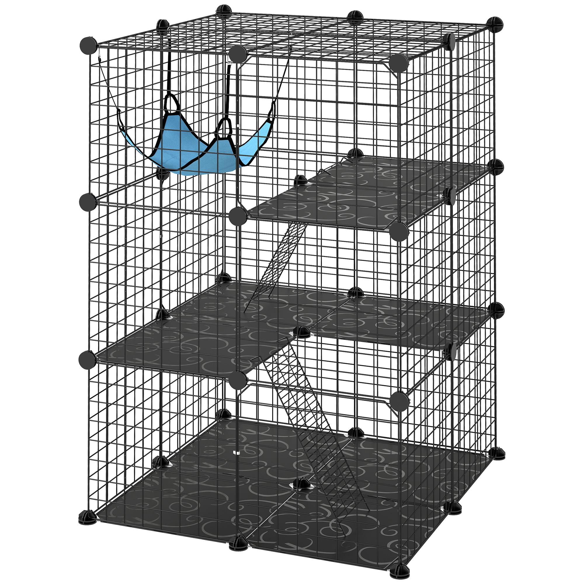Black Modular Cat Cage with Hammock and Platforms