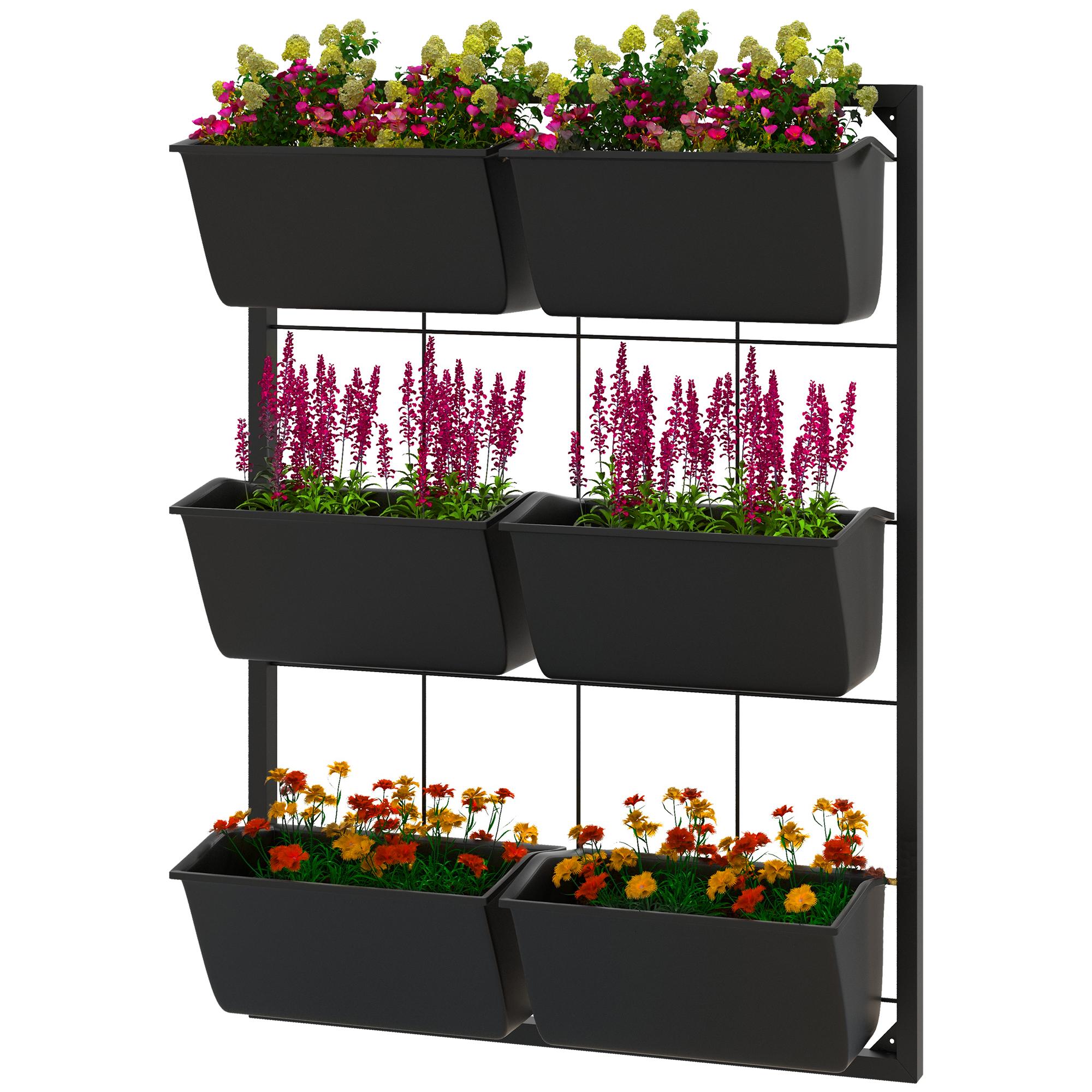 Three-Tier Six-Pot Wall Planter, Black Metal Frame, 20.5 in