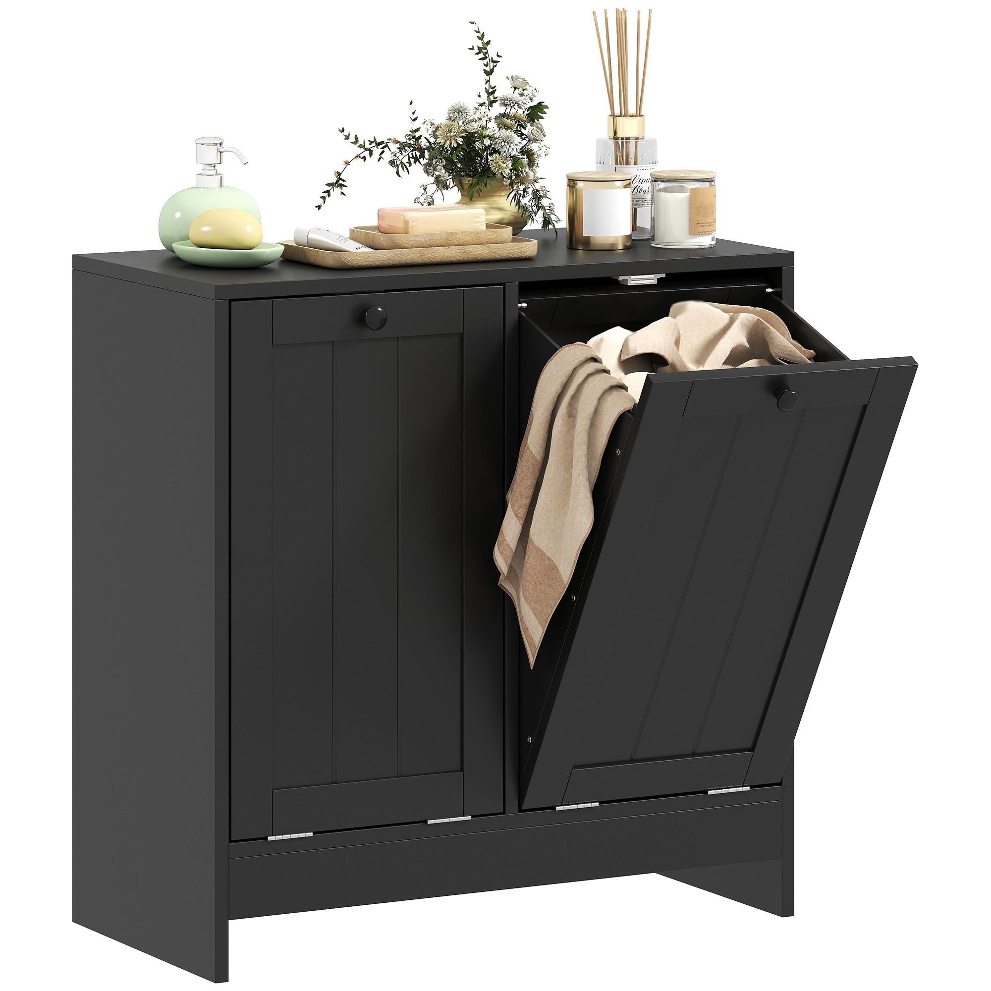 Black Engineered Wood Laundry Cabinet with Two Hampers