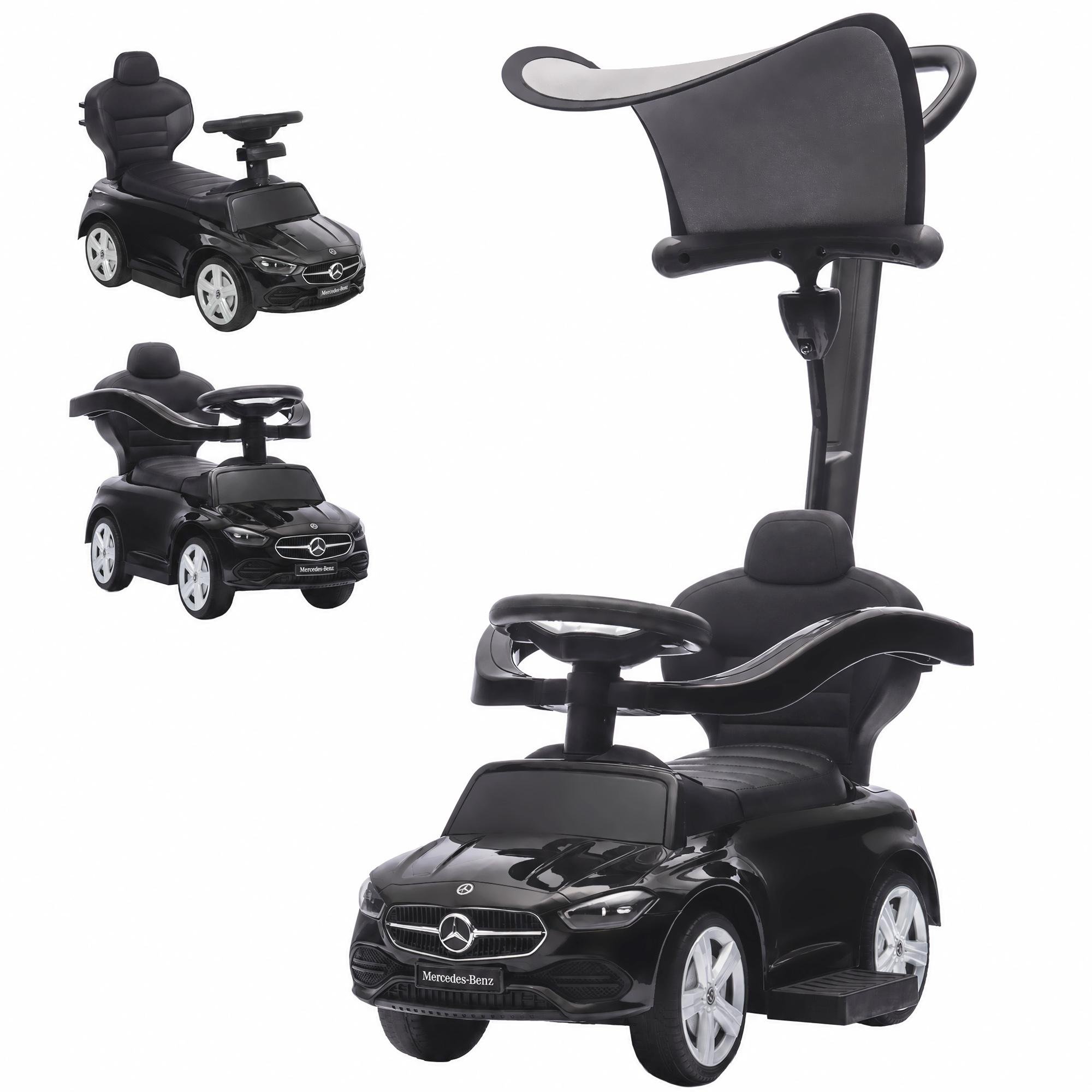 Black Canopy Toddler Push Car with 3-in-1 Play