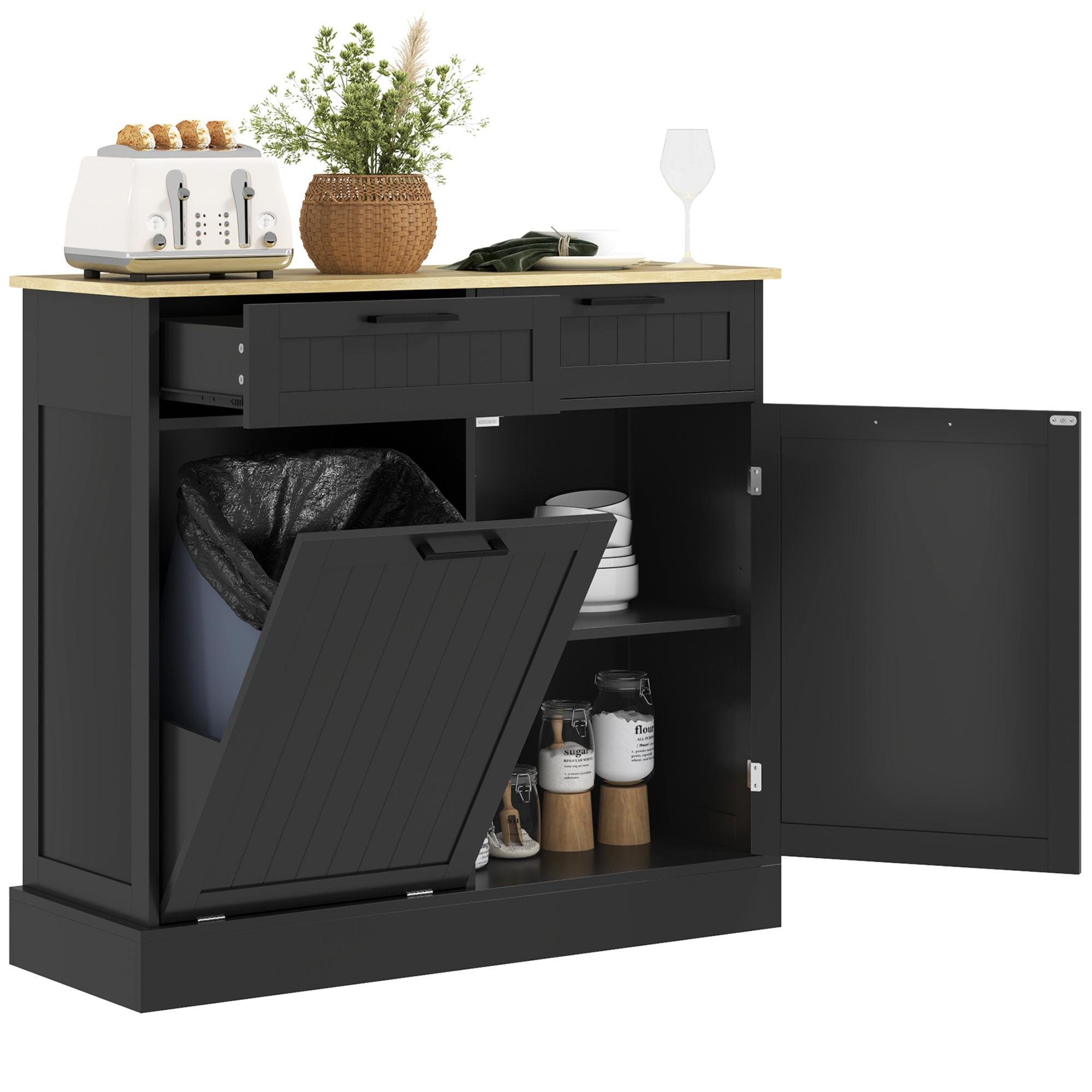 Black 10 Gallon Trash Cabinet with Drawers and Storage