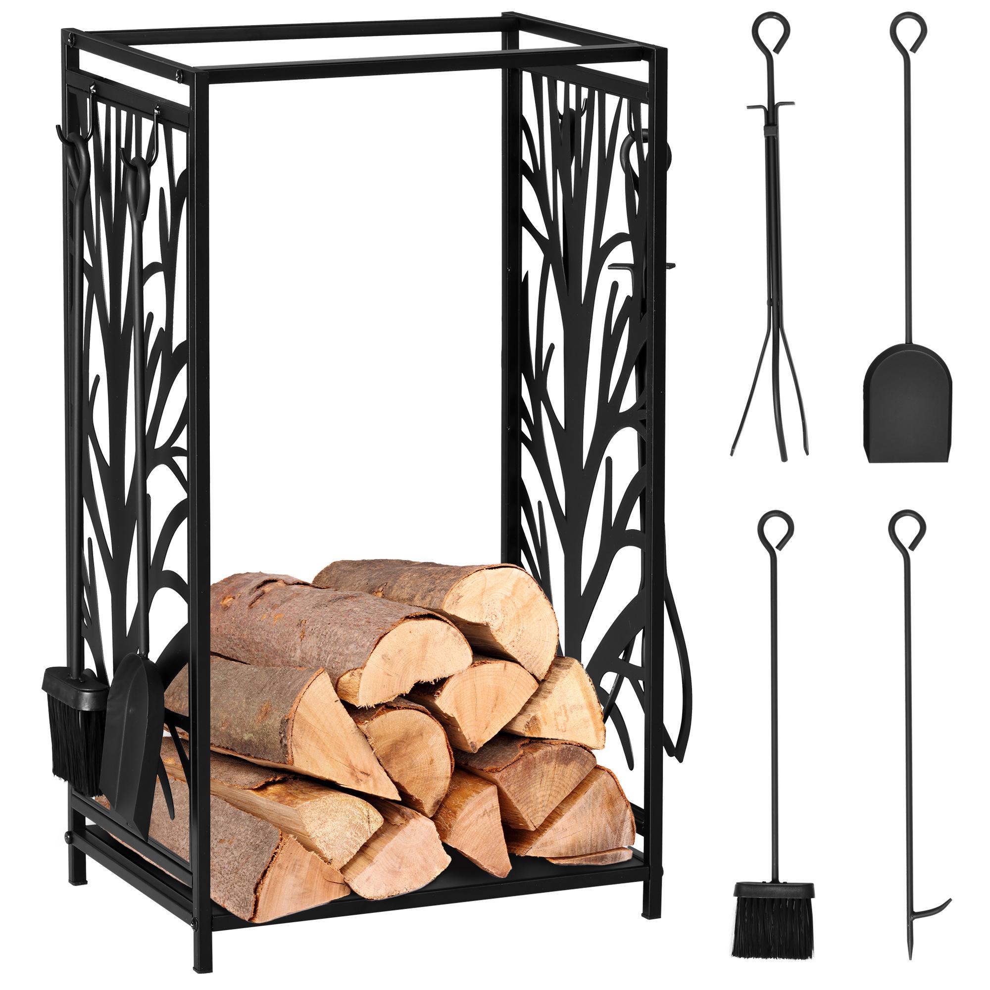 Tree Pattern Firewood Rack with 4 Fireplace Tools