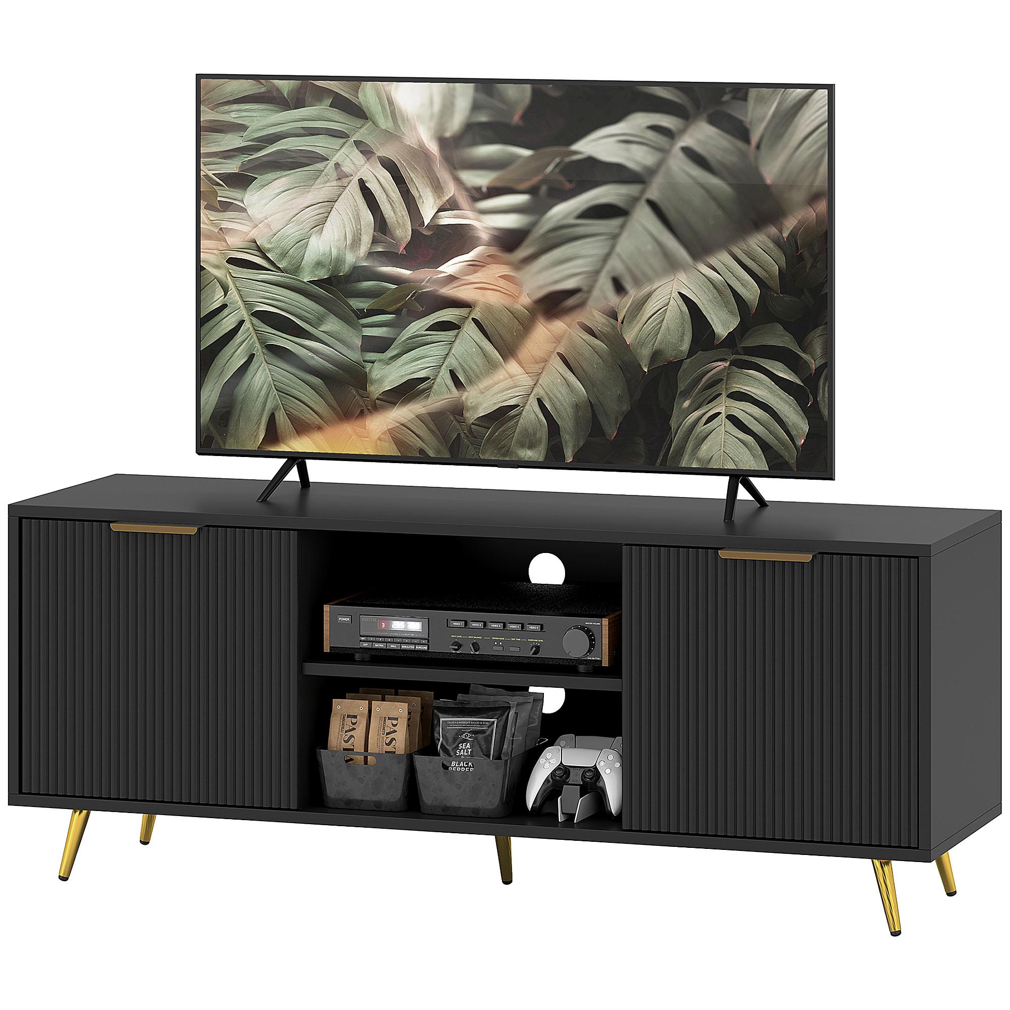 Black 55 Inch TV Console with Fluted Doors and Storage