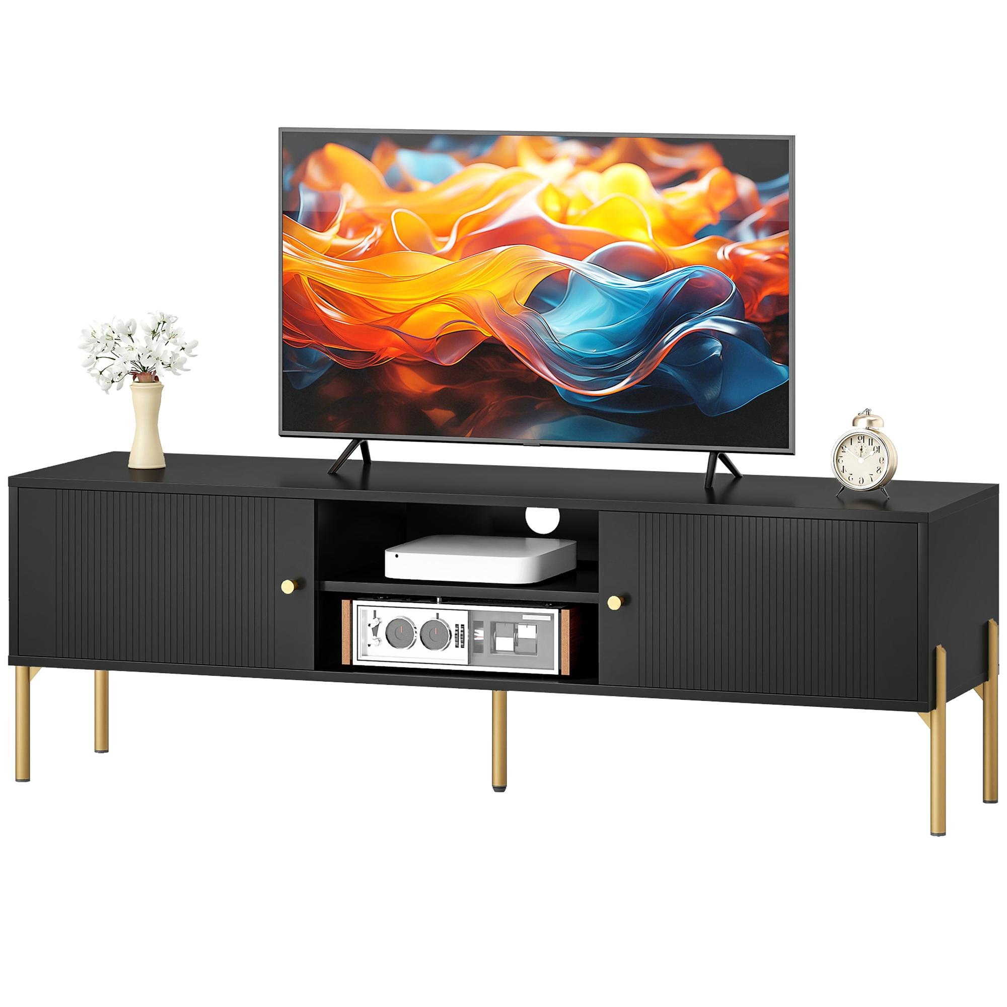 Black Fluted TV Stand with Storage for TVs up to 65"