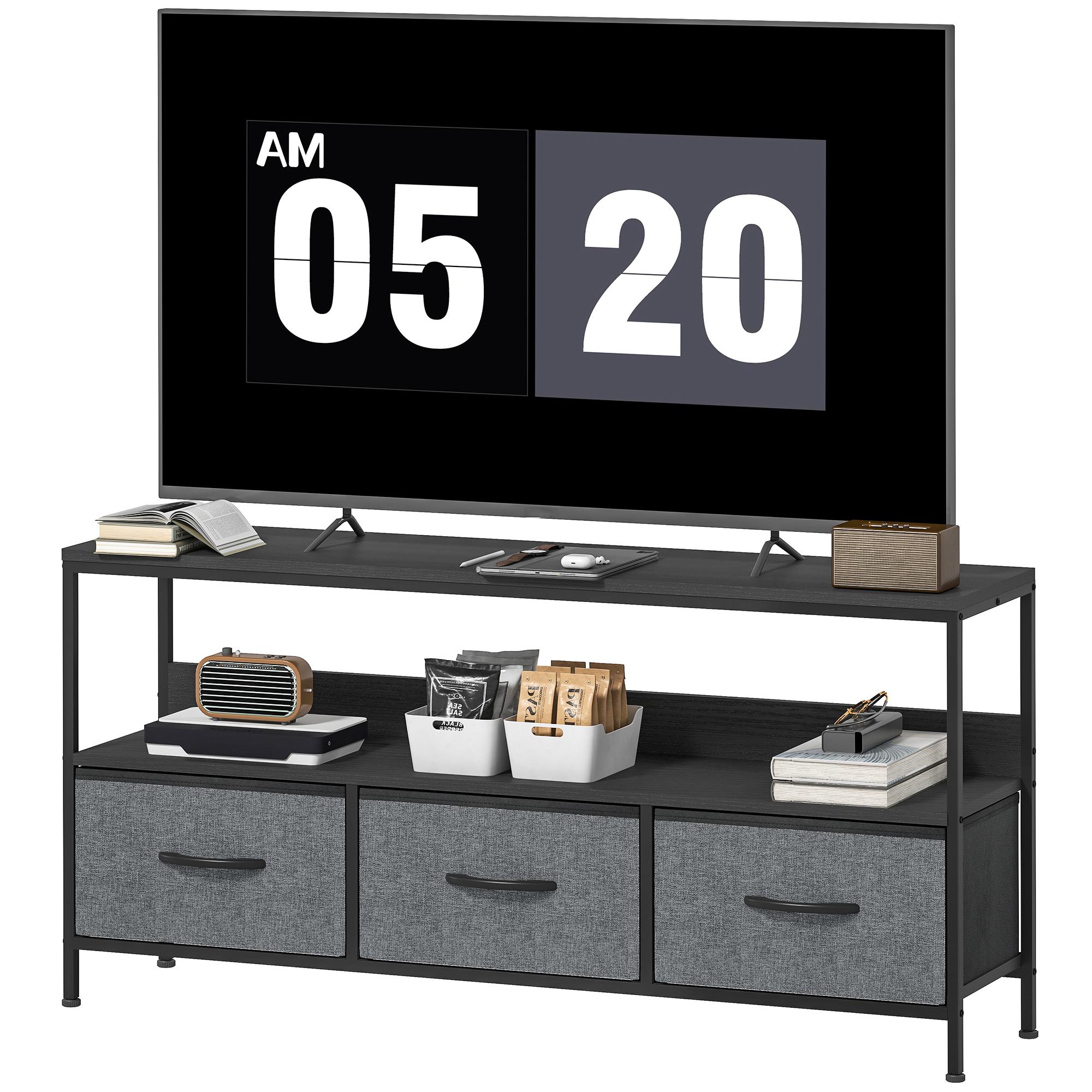 Black Linen Drawer TV Stand with Open Shelf for 55-Inch TVs