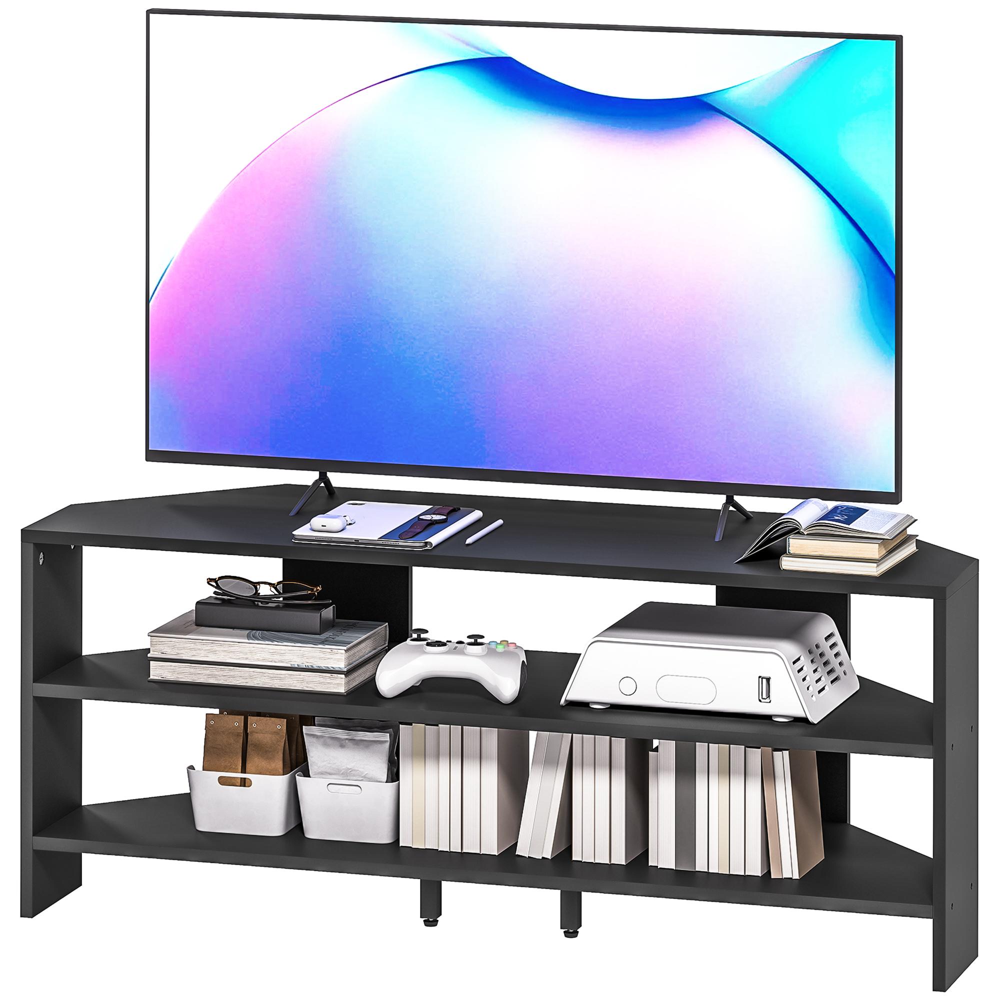 Black Corner TV Stand with Two Open Shelves