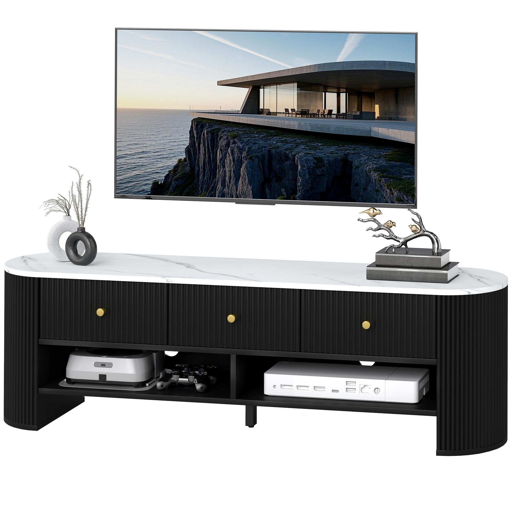 Black Marble-Effect TV Stand with 3 Drawers