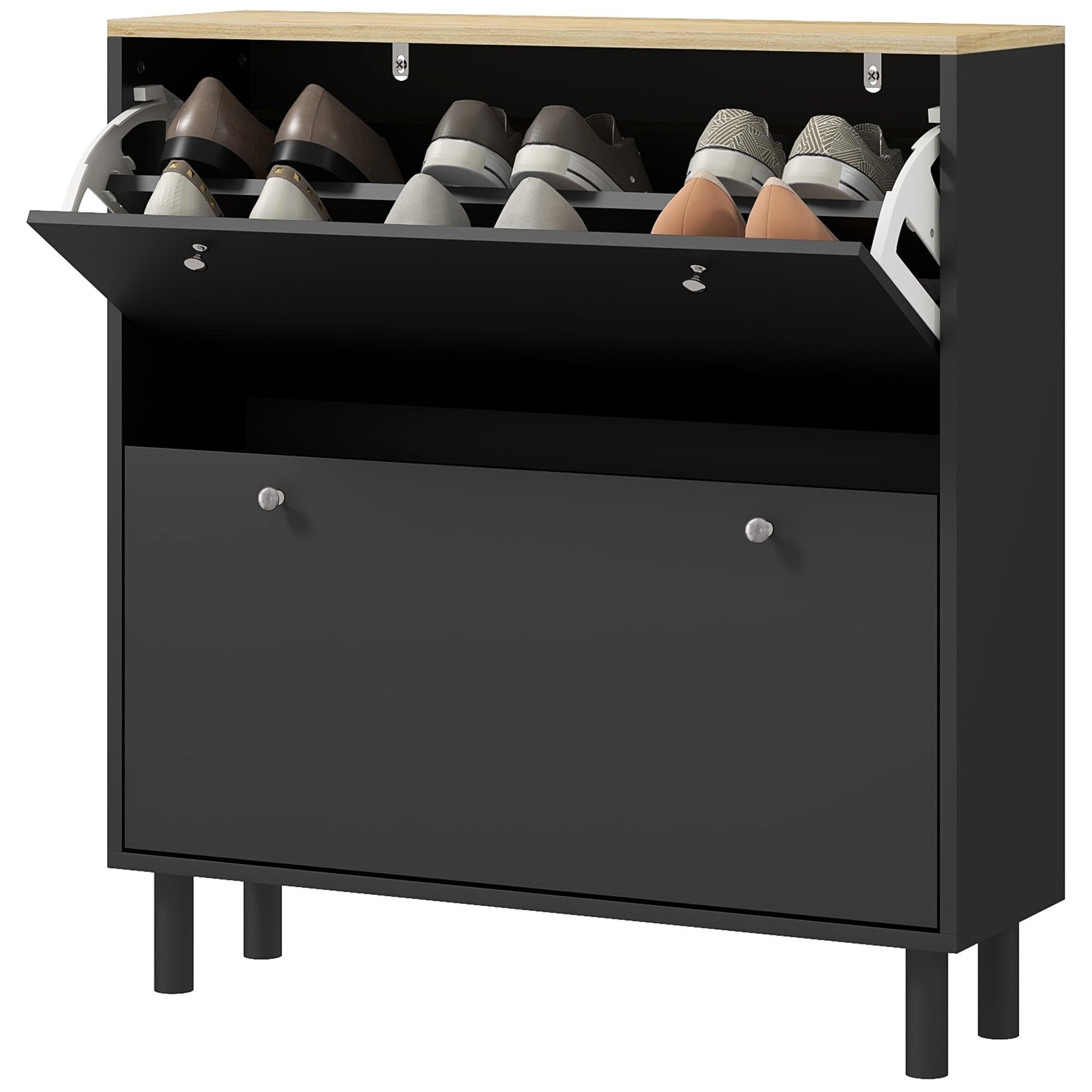 Black 16 Pair Shoe Cabinet with Adjustable Shelves