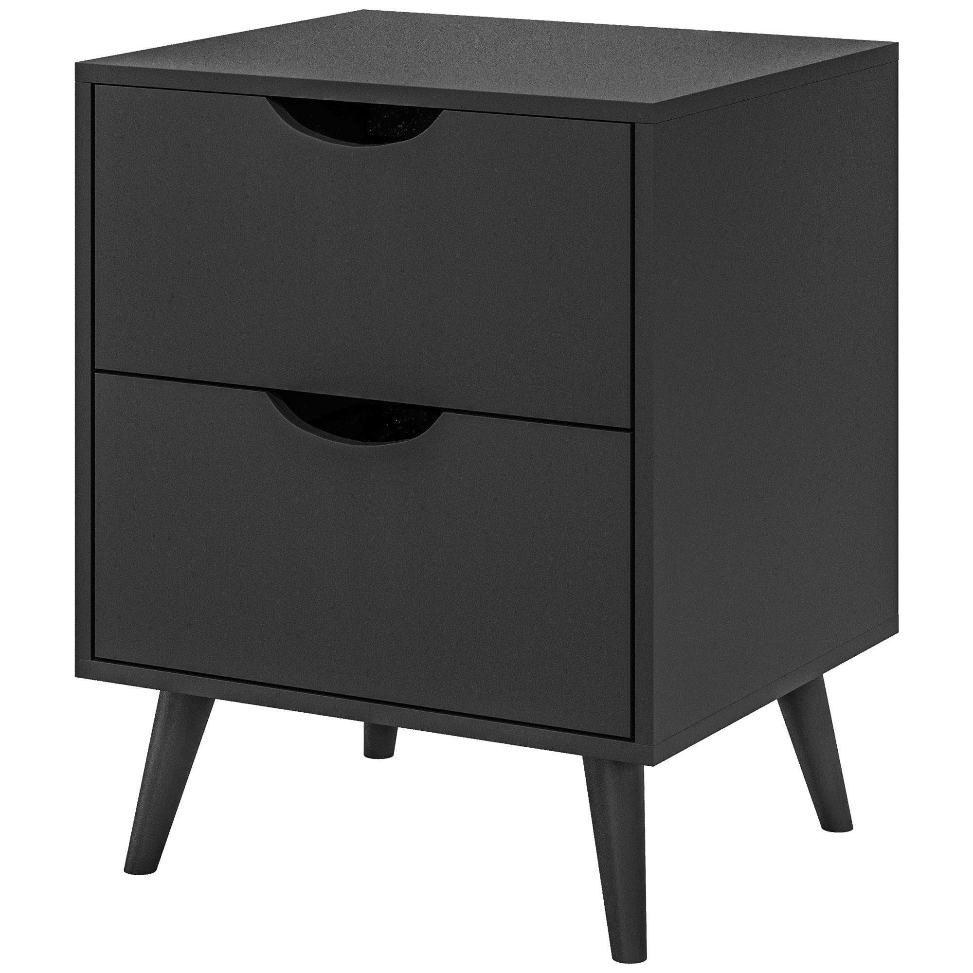 Black Two Drawer Side Table with Pine Wood Legs