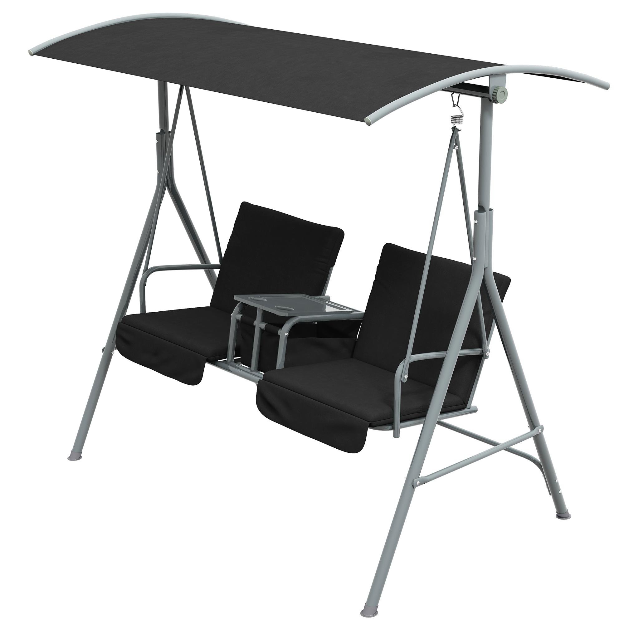 Black Two-Person Porch Swing with Adjustable Canopy