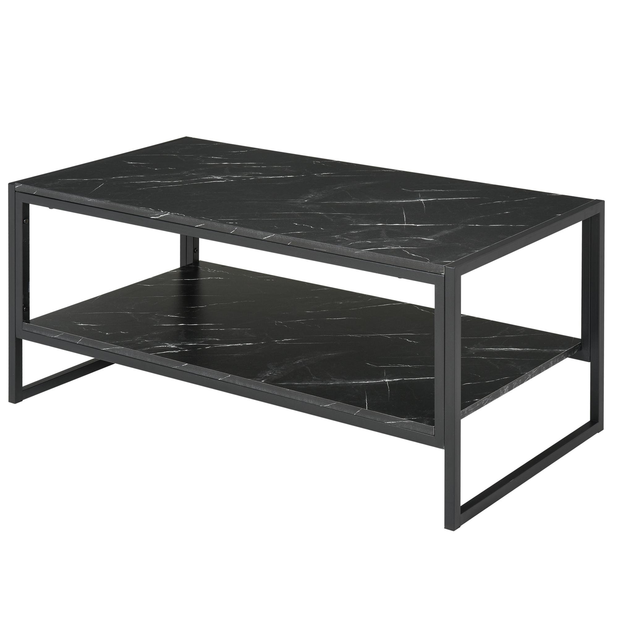 Black Marble Print Coffee Table with Two-Tier Storage